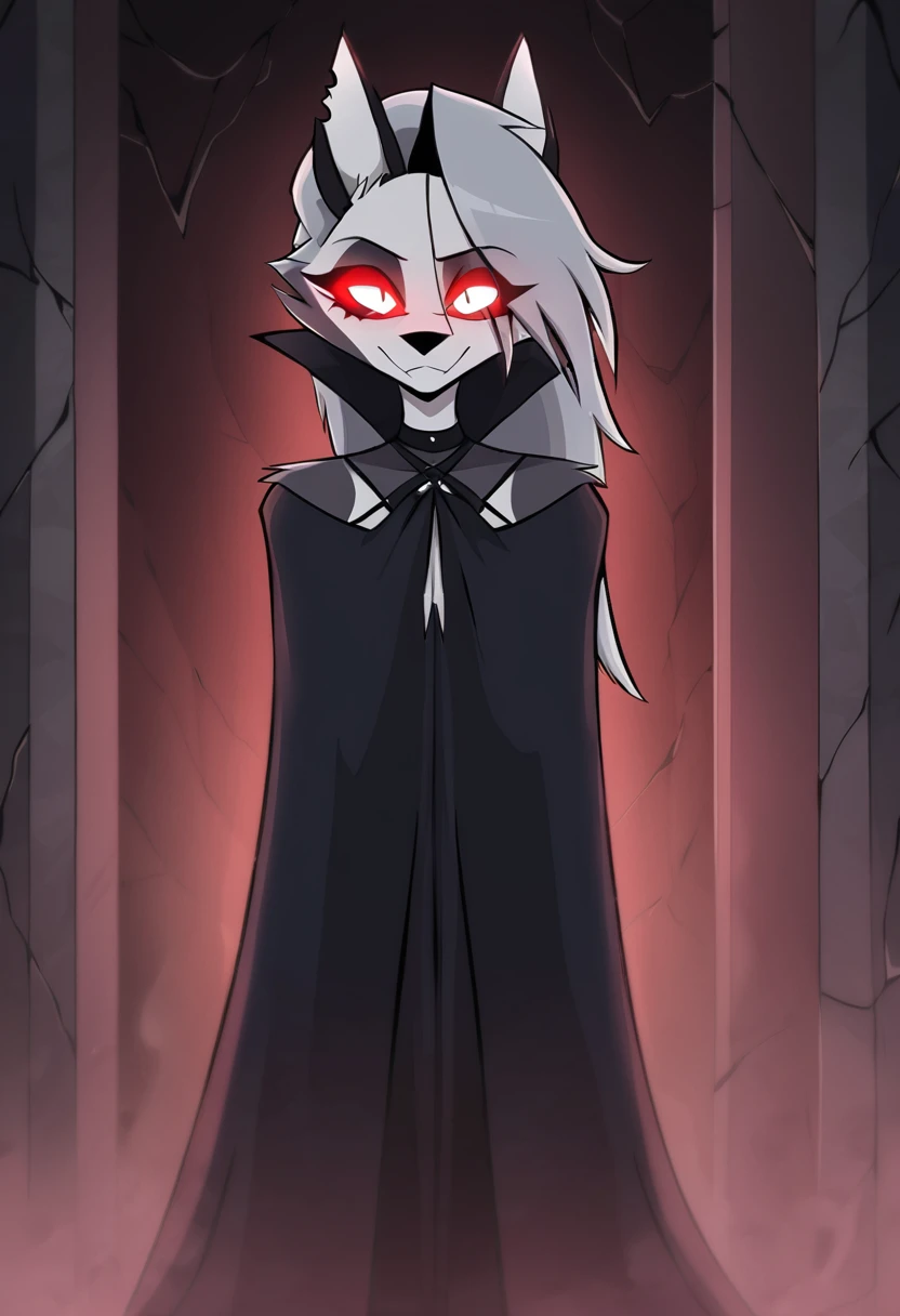 (1girl, solo), perfect body, slim,
anthro, robe, furry, smile, sinister look, grim reaper outfits, cape covering whole body, long black cape, hoods covered head, head down, red eyes, room, standing, 
Loona \(Helluva Boss\), Masterpiece, Best Quality, horror theme