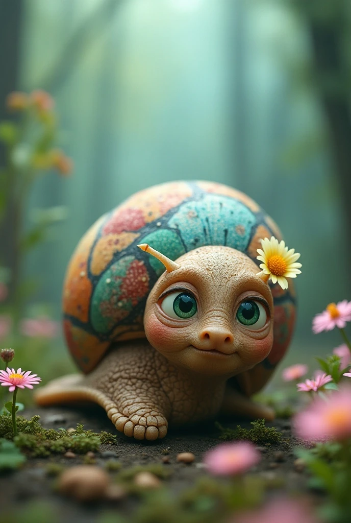 Un gros plan photo réaliste d’un escargot avec une grosse coquille colorée effet patchwork. quelque fleurs style marguerite orne la carapace.innoncence enfantine par Eric Carle, style livre d'image. la tête est lisse avec deux beaux grand yeux verts .comme fond, une foret magique avec une brume delicate aux couleurs vives   aqua, menthe, lavande, avec des petites fleurs lavande et menthe roses