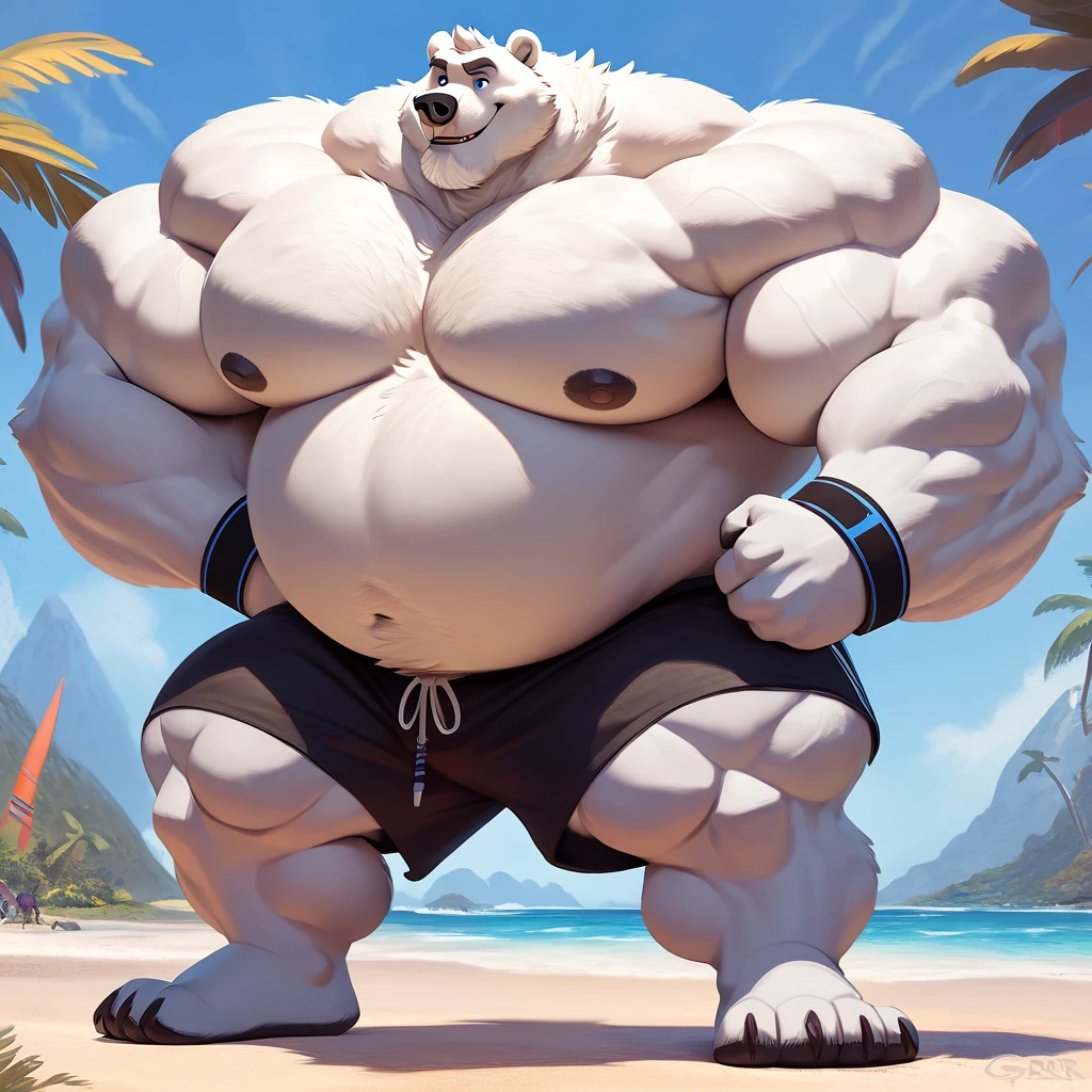 huge muscular polar bear in Tropical island beach, big grr, polar bear, huge white fur, thick arm, huge arm, huge white fur, thick arm, huge arm, added gray mustache, added gray beard, short white hair, height: 220cm, weight: 350lbs, (veiny bulked up muscular, pectoral, wide pectoral, thick bulky arms), Walt Disney 2D Zootopia Animation Art Style, detailed gray eyebrows, detailed eyes with blue pupils, (wearing black shorts, wristbands, shirtless, topless and feet), bouncing his pecs, flexing his biceps and his thorax