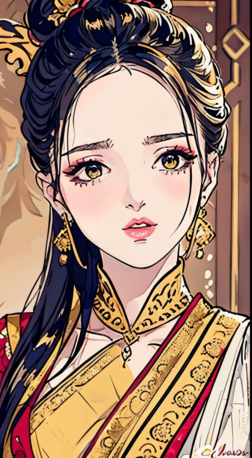 Hot ???? beautiful one indian Princess face,   long sparkling chandelier earrings,???????????, ,brown hair ,blush,brown eyes,red lipstick, chandelier jewelry,makeup, ornament, chandelier necklace,waist chain, rings,bangles,hair flower brochure,hair pins,hair chain, royal palaces and grand architecture, Traditional Indian sari, elegant draping style, intricate floral motifs, handwoven silk material, embellished with sequins and beads, sparkling gemstones and gold accents, artistic rendering of Indian culture, traditional jewelry and accessories, indian traditional wedding saree, crown ,close up face,only face view 