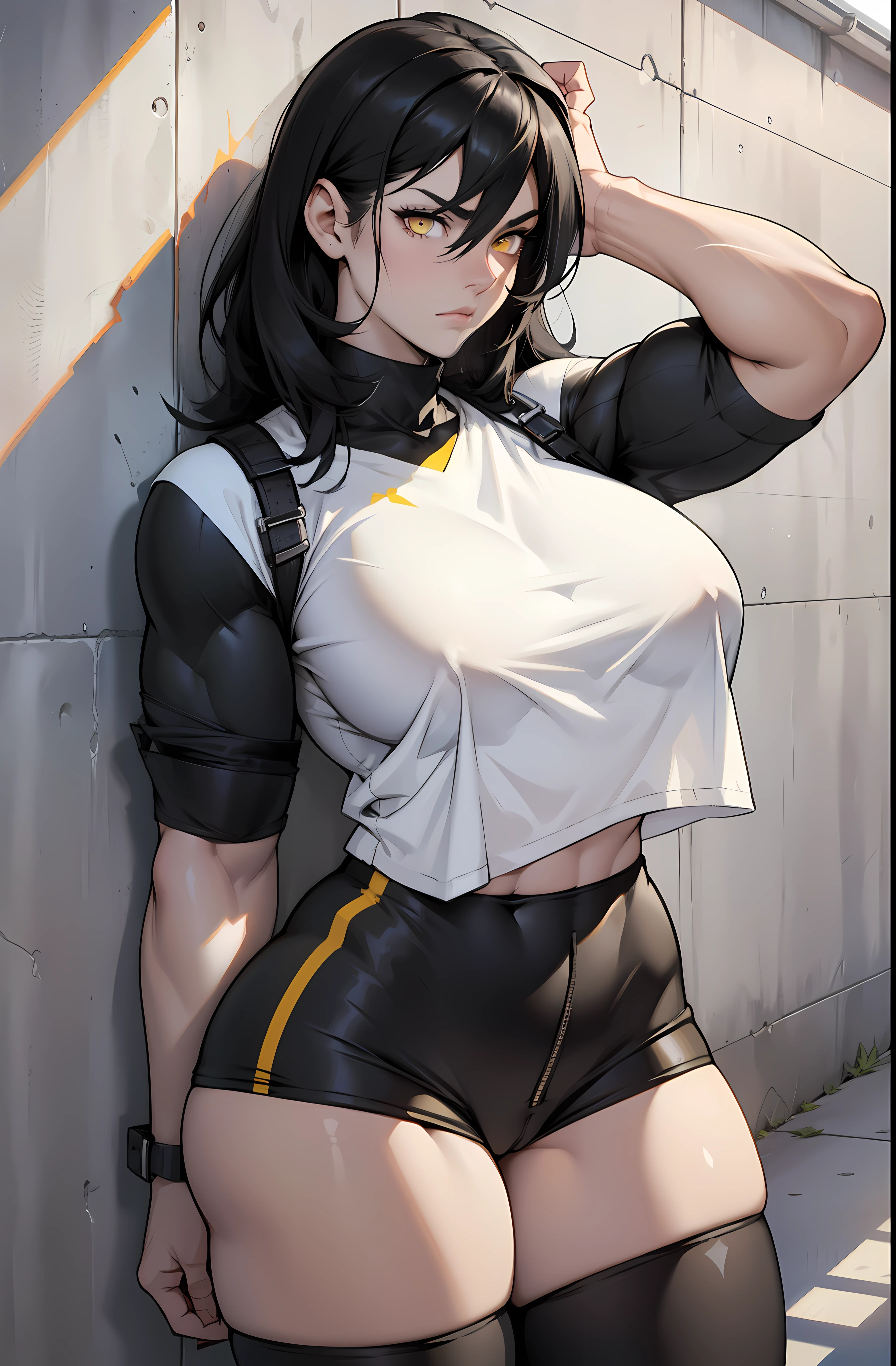 1girl muscular pale skin black hair yellow eyes black against wall frown tight shirt leggings thick thick thick thick muscular muscular