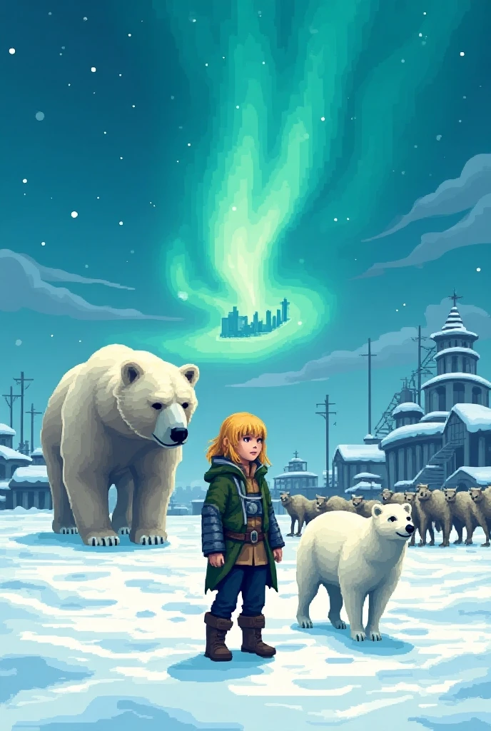 16-bit pixel art, promotional poster, promotional art for "The Golden Compass," 16bit video game art, for a game based on renowned novel "The Golden Compass" by Philip Pullman, BREAK: (it features ((a blonde girl in arctic weather gear)) , a white ermine, a frozen dead fish, a massive polar bear (wearing plate armor), there are sled-dog teams running in snow, there are groups of ren, experimental facilities fade into the background, BREAK: above everything is the northern lights, northern lights in 16-bit rendering, and in the lights is the outline of a cityscape, BREAK: apxlz, ral-pxlprtcl 