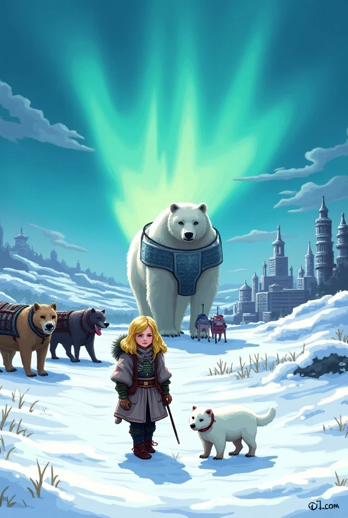 16-bit pixel art, promotional poster, promotional art for "The Golden Compass," 16bit video game art, for a game based on renowned novel "The Golden Compass" by Philip Pullman, BREAK: (it features ((a blonde girl in arctic weather gear)) , a white ermine, a frozen dead fish, a massive polar bear (wearing plate armor), there are sled-dog teams running in snow, there are groups of ren, experimental facilities fade into the background, BREAK: above everything is the northern lights, northern lights in 16-bit rendering, and in the lights is the outline of a cityscape, BREAK: apxlz, ral-pxlprtcl 