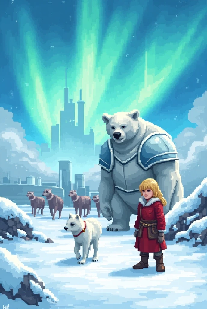 16-bit pixel art, promotional poster, promotional art for "The Golden Compass," 16bit video game art, for a game based on renowned novel "The Golden Compass" by Philip Pullman, BREAK: (it features ((a blonde girl in arctic weather gear)) , a white ermine, a frozen dead fish, a massive polar bear (wearing plate armor), there are sled-dog teams running in snow, there are groups of ren, experimental facilities fade into the background, BREAK: above everything is the northern lights, northern lights in 16-bit rendering, and in the lights is the outline of a cityscape, BREAK: apxlz, ral-pxlprtcl 