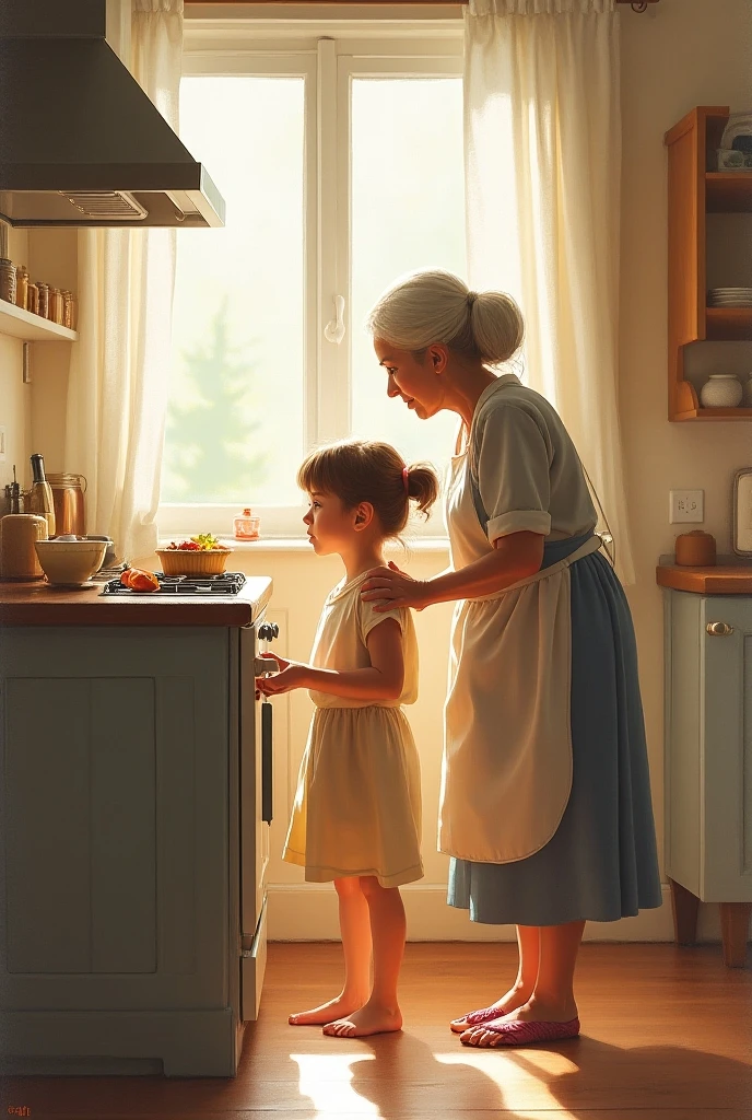 Create a naked girl sitting at a table with an old woman cooking in a kitchen