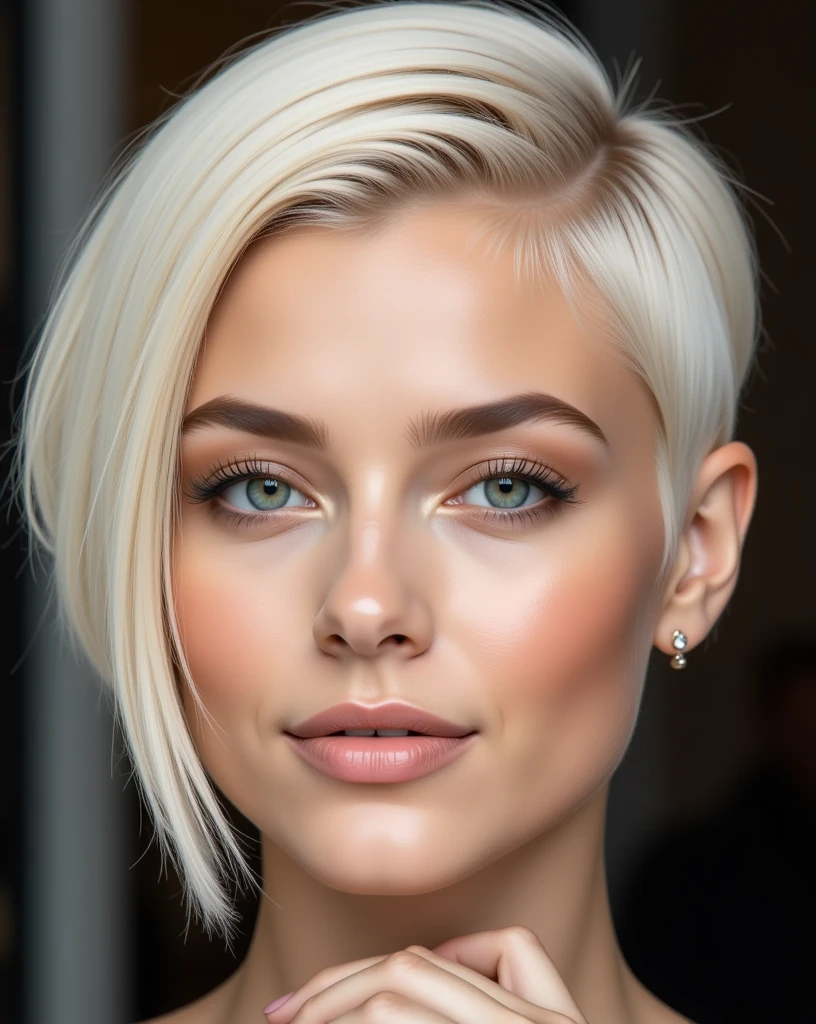 Close-up portrait of Nexia a young woman with a platinum striking asymmetrical haircut:
Short, asymmetrical cut with one side significantly shorter on the right than the other. On the right side, the short side descends to the mouth and is placed behind the ear, while on the left it falls in soft layers just below the chin. The hair has a smooth texture. The separation is well defined and positioned far on the side near the ear, creating a strong contrast between hair lengths. The overall look is sharp, modern and elegant, with the blonde color adding a bright and striking effect.
Image style: High-fashion editorial, ultra-sharp focus, hyper-realistic detail