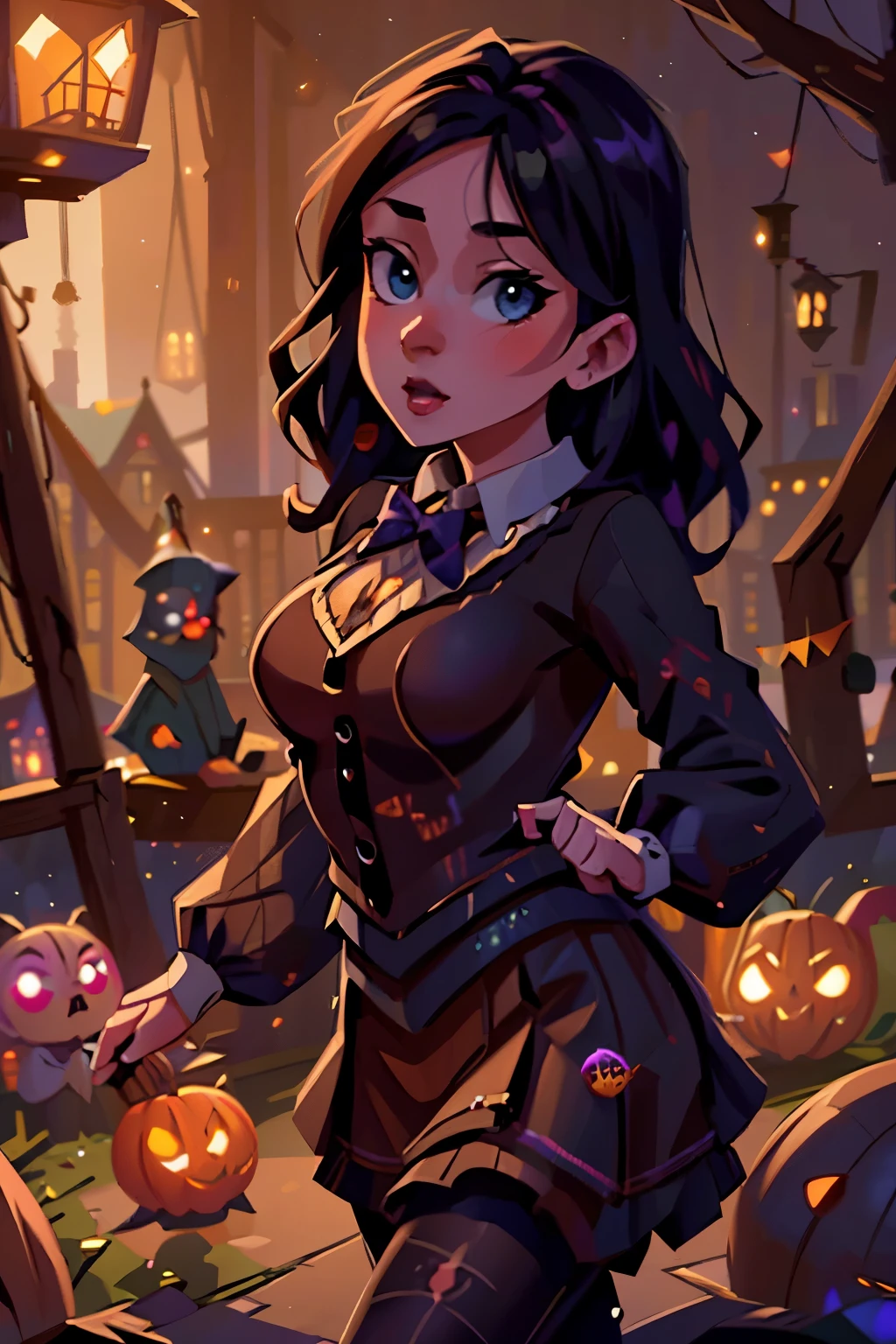 a group of young cute witches and young cute wizards dancing on halloween night, medieval city with halloween pumpkins, lanterns, fireworks, bats, owls, (best quality,4k,8k,highres,masterpiece:1.2),ultra-detailed,(realistic,photorealistic,photo-realistic:1.37),detailed eyes, detailed lips, extremely detailed faces, long eyelashes, beautiful costumes, whimsical, magical, colorful, vibrant, gothic, dark fantasy, dramatic lighting