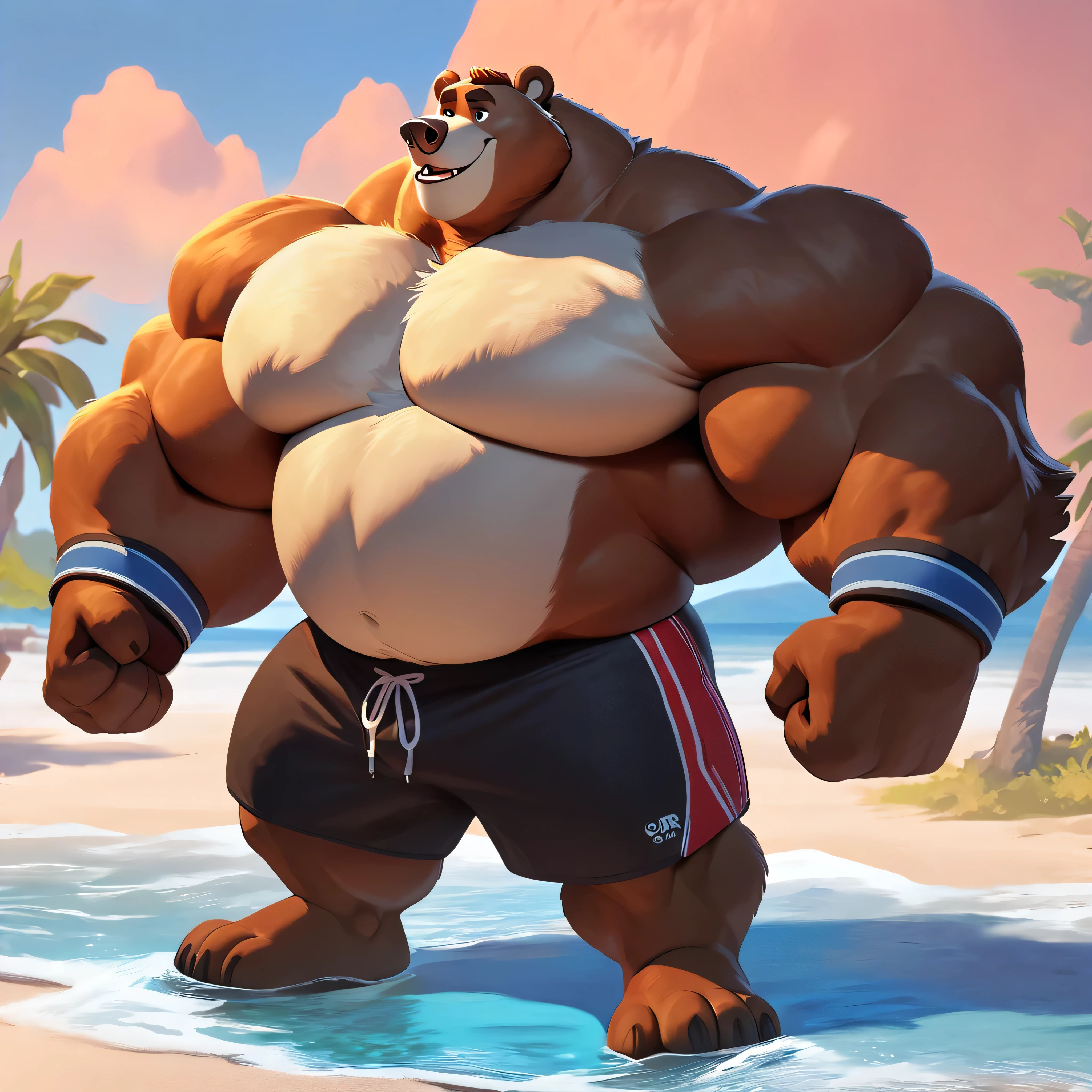 huge muscular kodiak bear in Tropical island beach, big grr, kodiak bear, huge brown fur, thick arm, huge arm, huge white fur, thick arm, huge arm, added brown mustache, added brown beard, short hair, height: 220cm, weight: 350lbs, (veiny bulked up muscular, pectoral, wide pectoral, thick bulky arms), Walt Disney 2D Zootopia Animation Art Style, detailed light brown eyebrows, detailed eyes with red pupils, (wearing black shorts, wristbands, shirtless, topless and feet), bouncing his pecs, flexing his biceps and his thorax