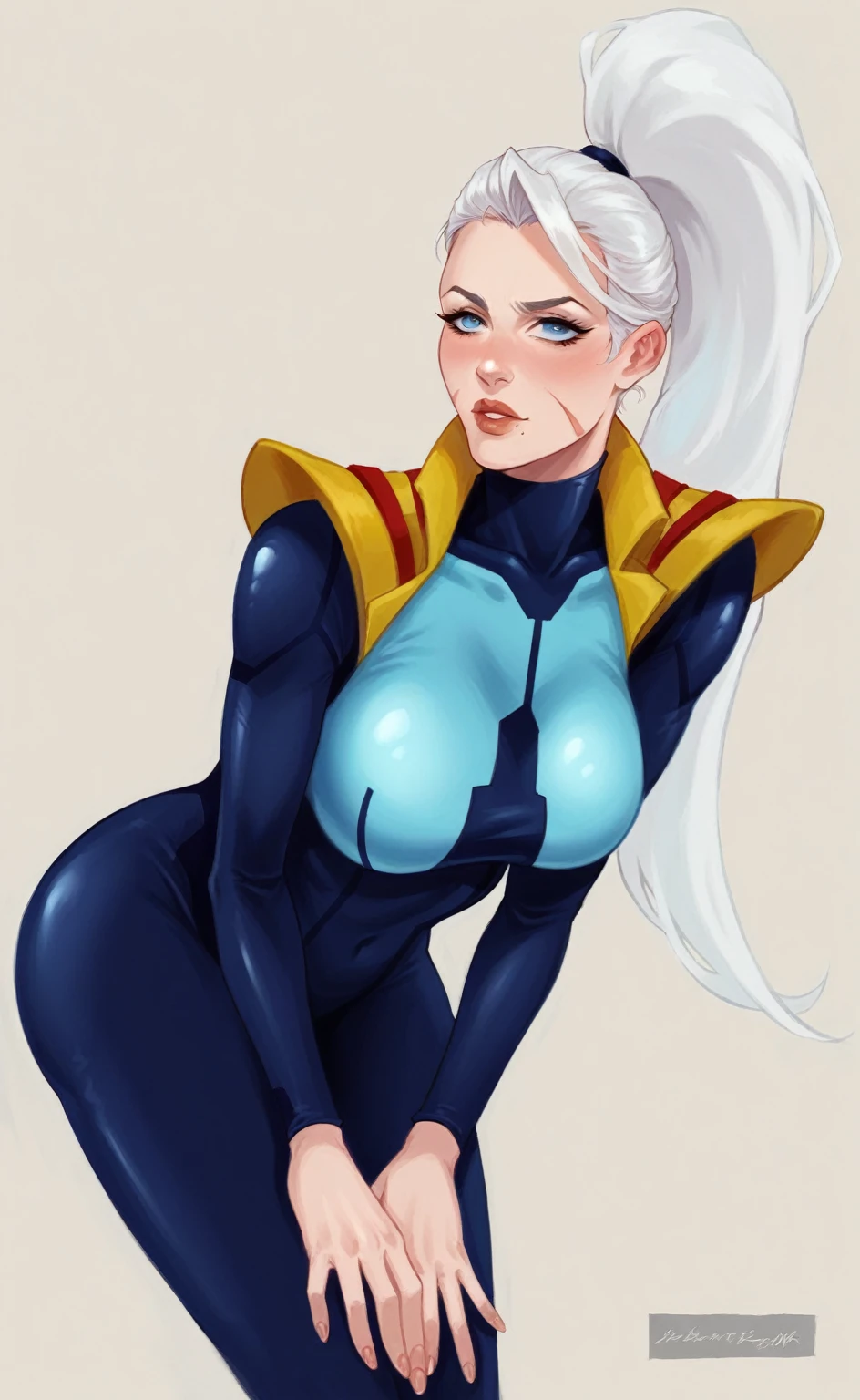 woman in a black and blue outfit with white hair and, white-haired, white haired lady, white haired, perfect white haired girl, x-men storm, cammy, in style of artgerm, as a retro futuristic heroine, in spandex suit, girl with white hair, beautiful character painting, zero suit samus, cyborg - girl with silver hair, fully clothed. painting of sexy, artgerm style, in the style artgerm, artgerm jsc, artgerm lau, rogue anime girl, artgerm 4 k