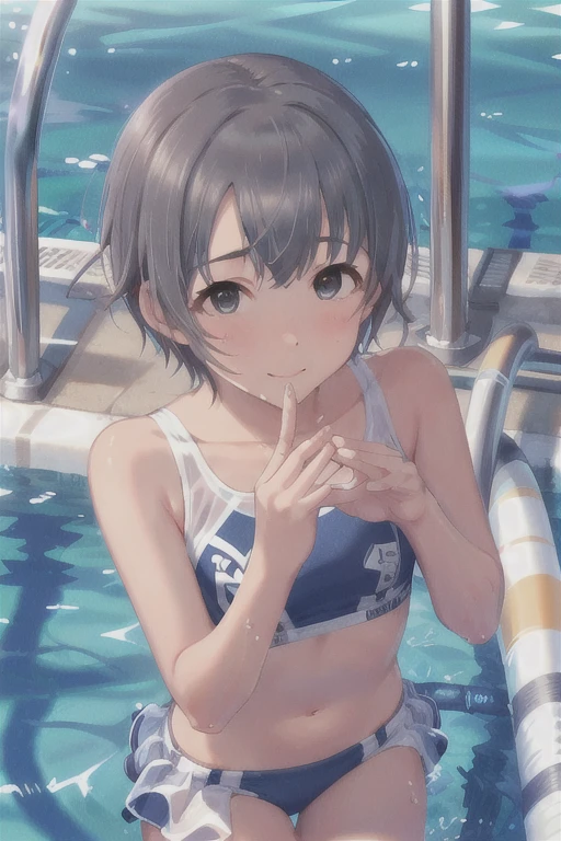 (Incredibly ridiculous absolute resolution:1.5)、hiquality、top-quality、masuter piece、Anime girl in yellow and white bikini, 魅惑的、Anime Loli, 8k Manga Wallpapers, heart mark、Smile、Shy laughter、((small curvy loli))、pretty anime girl,((swimming pools))、(Medium Shorthair)、(short braided hair)