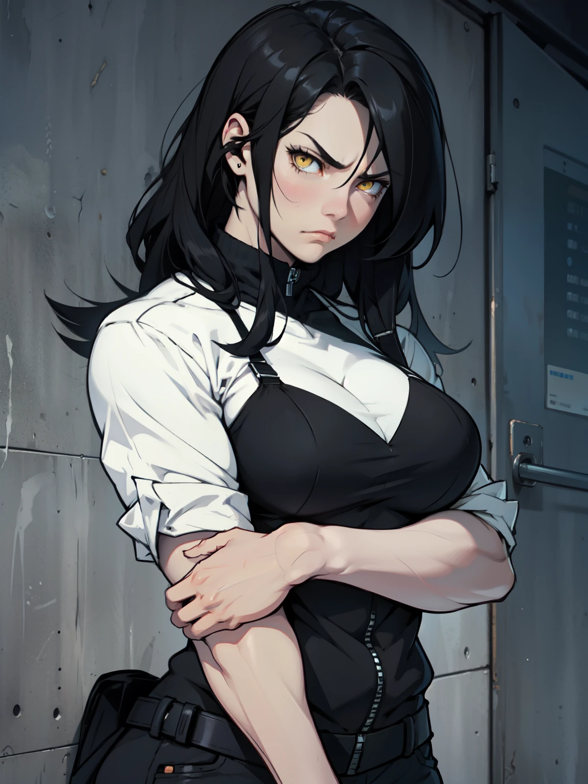 muscular black hair yellow eyes pale skin girl sad cleavage huge breasts blushing frown sweaty long straight hair long straight hair sad