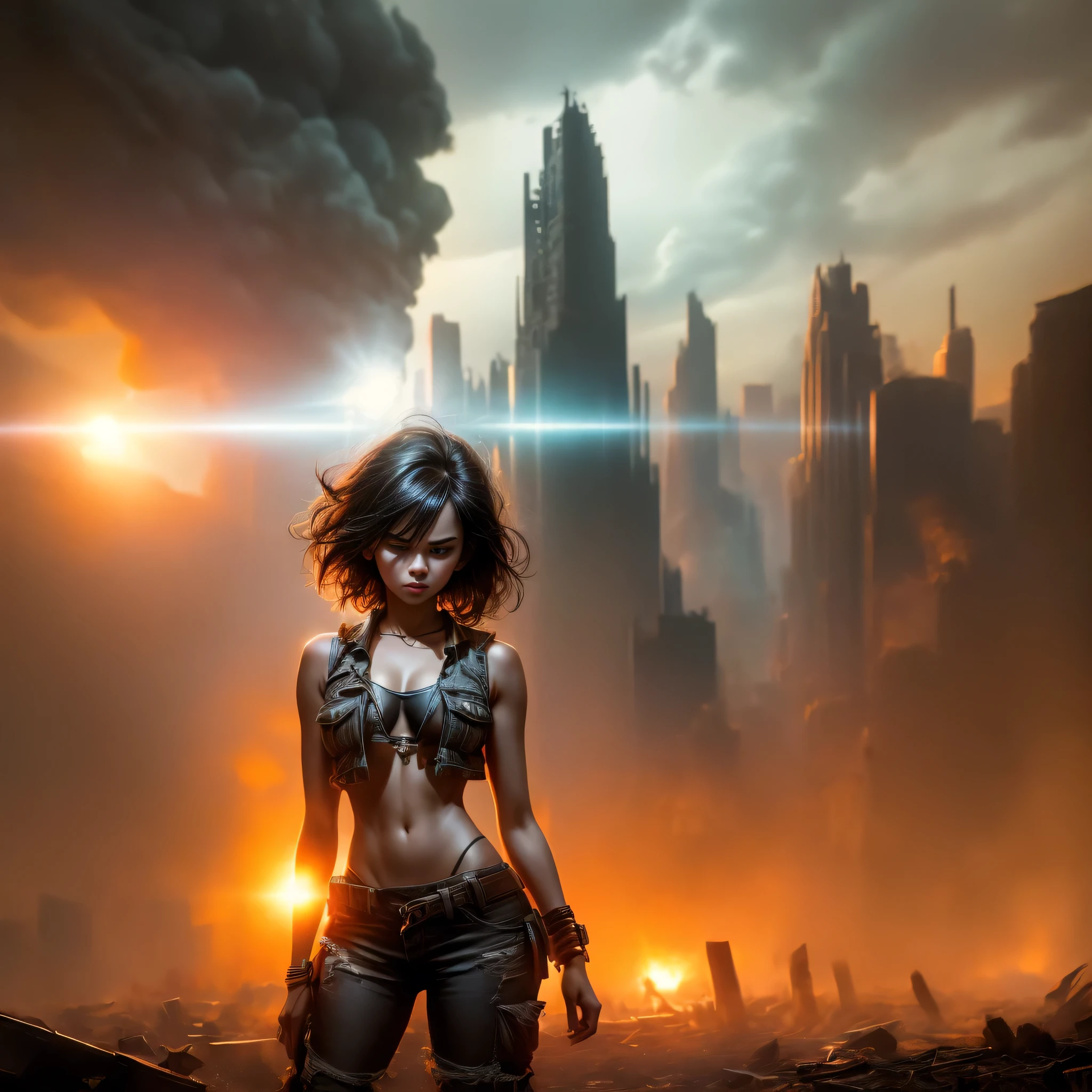 "Oil painting, focus on background
((resilient)) girl standing amidst nuclear wasteland ruins, delicate flowers emerging from the desolation, ominous clouds casting shadows,  fires, explosions, dust, lightning, deep red sunset, very large lens flare. deep orange glow in sky.
((haunting beauty)), post-apocalyptic masterpiece". fires in the background, smoke, a large mushroom cloud from a nuclear explosion. 
action pose, dramatic side lighting
 1girls, , short, rounded, tomboy, tattered rags of clothes, short dark hair, very short hair, messy hair, desperate sad expression, ((black rock vest, loose fit, torn, underboob)), ((low waist cargo pants, black, panties strap showing)), realistic face, fierce, flat chested, no breasts.  
low key lighting, moody, gritty, edgy.
dramatic pose, dramatic composition, low camera angle. from ground looking up,  lens flare, lens artifacts. bloom.