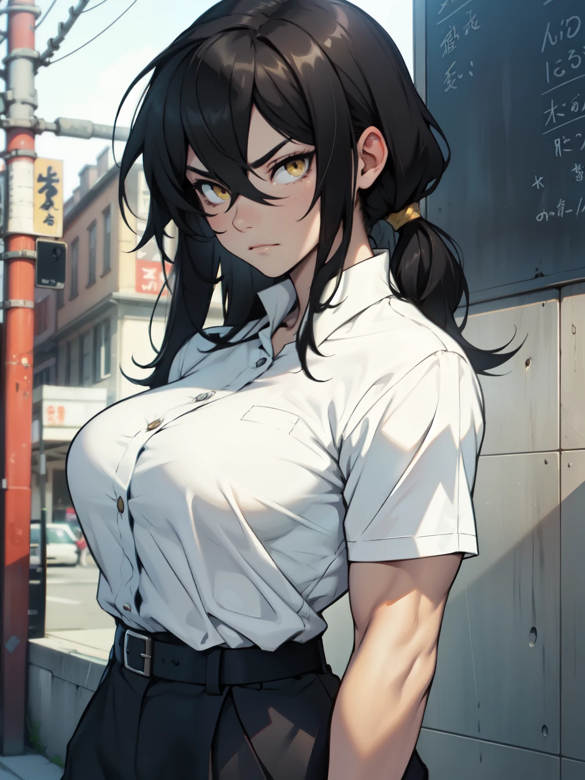 muscular black hair yellow eyes pale skin girl sad cleavage huge breasts blushing frown sweaty long straight hair long straight hair