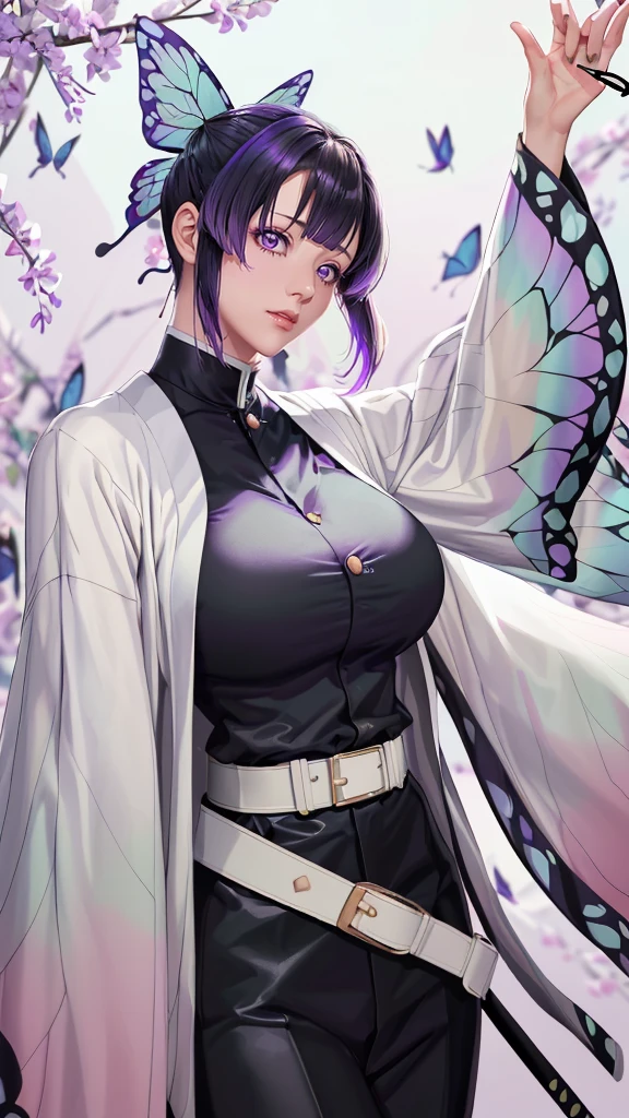 (（（figure，御姐figure,White and tender skin,（（haori, wide sleeves, long sleeves, black pants, black jacket, belt，）））,(（（kochou shinobu, butterfly hair ornament, purple eyes, multicolored hair, short hair, parted bangs, ））),,((masterpiece)),highres,((Best quality at best)),masterpiece,quality,Best quality,(（（  delicate facial features , for the audience ,））），Huge breasts，）））