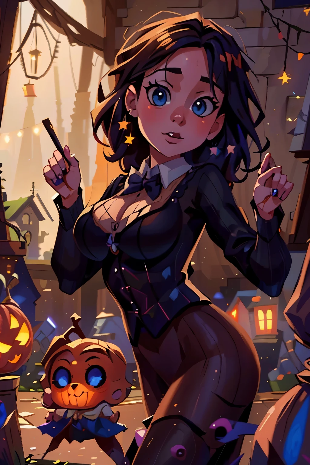 a group of young cute witches and young cute wizards dancing on halloween night, medieval city with halloween pumpkins, lanterns, fireworks, bats, owls, (best quality,4k,8k,highres,masterpiece:1.2),ultra-detailed,(realistic,photorealistic,photo-realistic:1.37),detailed eyes, detailed lips, extremely detailed faces, long eyelashes, beautiful costumes, whimsical, magical, colorful, vibrant, gothic, dark fantasy, dramatic lighting