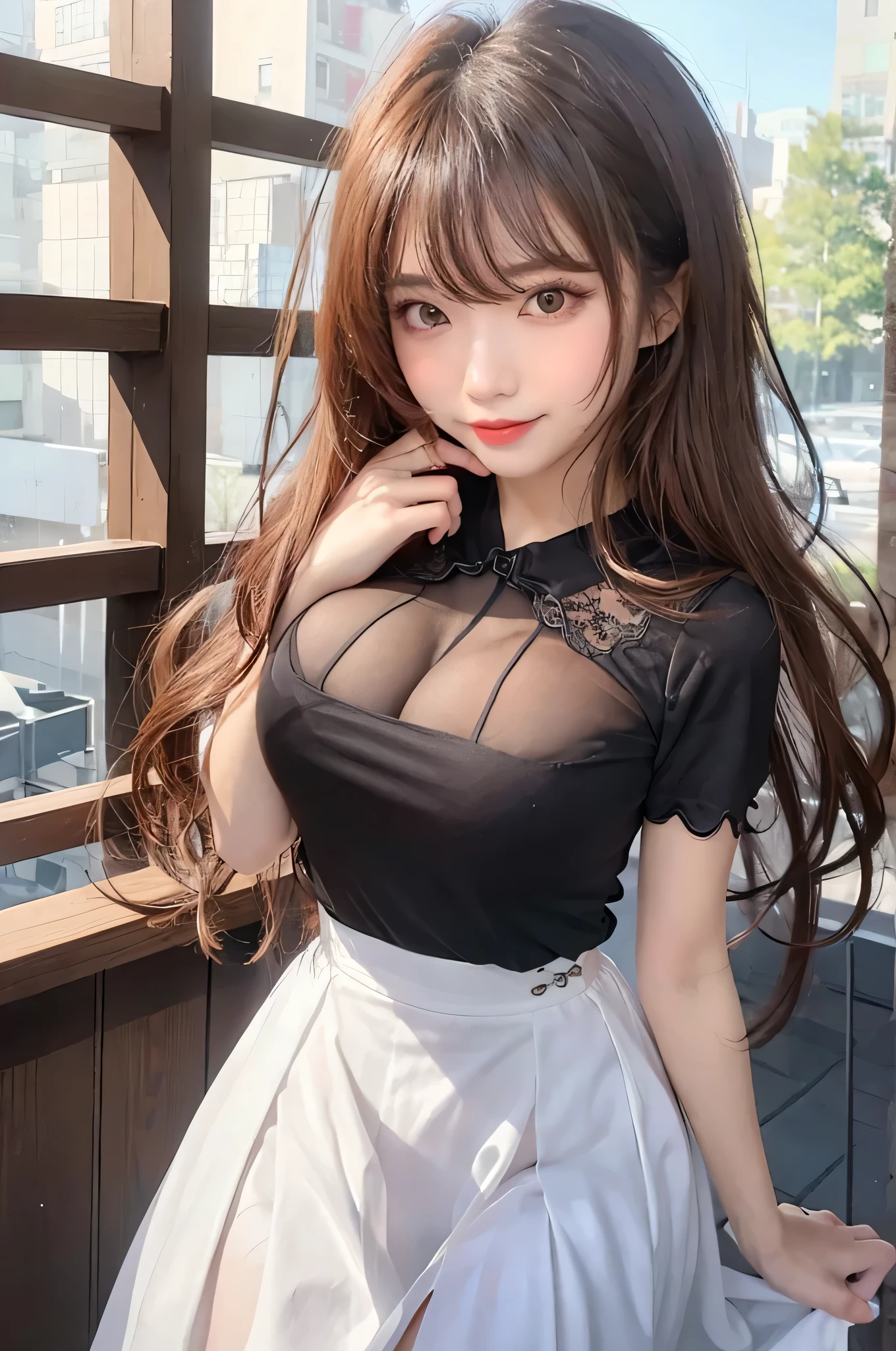 black hair, hair bobbles, wince, longeyelashes, solid circle eyes, fake animal ears, light smile, ear blush, fang, anaglyph, tachi-e, pov, 8k, super detail, ccurate, best quality, UHD, masterpiece, textured skin, best quality,full bodyesbian,(1girl),big cleavage breasts,nedium breasts,marron marron,Dewy skin,sweatyskin,Wavy blonde,nylon tshirt,punk girl,brunette color hair,cleanness,Transparent black silk lace skirt,