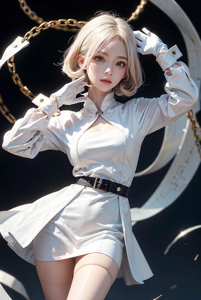 ((masterpiece, best quality)), (1girl), (solo), (female focus), (ahoge, white hair, short hair), black eyes, ((white shirt), (buttoned shirt)), ((black skirt), (short skirt)), standing, white background, arms behind