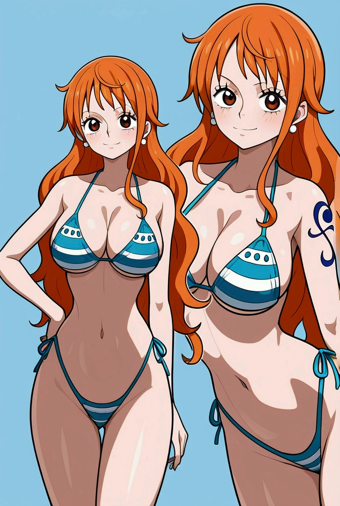 Best Quality, Ultra Quality, High Quality, 8K, Nami, 1 Girl, Full Body, Beautiful Long Leg, Slim Body, Barefoot, Bare Arms, Bare Shoulders, Big, Standing, Tall, 8 Head Body, Skinny, Emaciated, Thin, Model Figure, Bikini, Eiichiro Oda, official art, space background, seductive and sexy, ((character sheet))