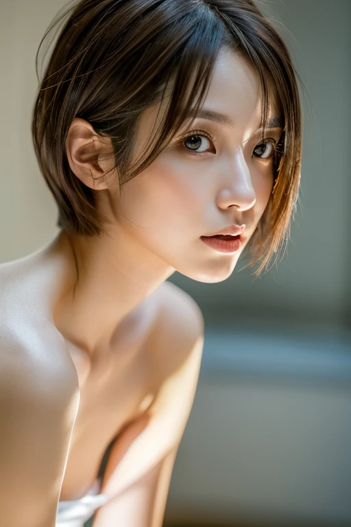 8K, of the highest quality, masutepiece:1.2), (Realistic, Photorealsitic:1.37), of the highest quality, masutepiece, Beautiful young woman, Pensive expression, Gentle eyes, naked、Lovers、Hair tied back, Messy mood, Cinematic background,  Light skin tone