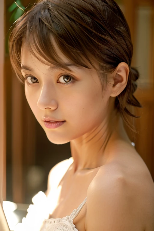 (RAW photo, highest quality), naked, Sheer Dress, tight waist、necklace, 、very delicate and beautiful, soft light, (brown hair, short hair swaying in the wind, bangs), beautiful detailed girl, (finger details), highly detailed eyes and face, beautifully detailed nose, beautiful and detailed eyes, 1 girl, Japanese, Neat beauty, cute, young, smile, , (medium breasts), realistic face, realistic body, naked, The hair on the skin shines、rough skin、mole on face and chest、A piece swaying in the wind、stare at the camera、tight waist、garden、Bokeh