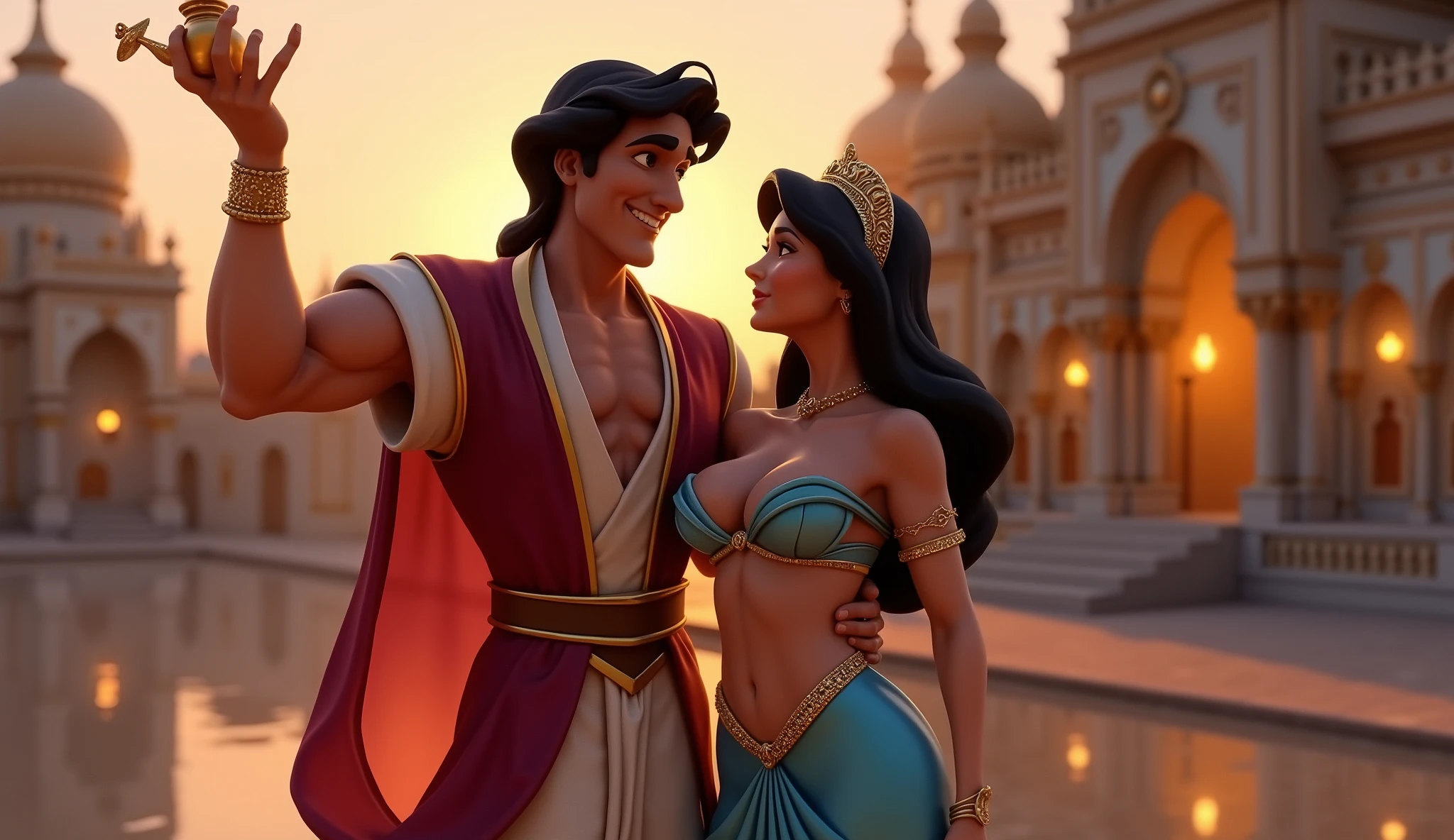Uma imagem que retrata Aladdin e Jasmine como pessoas reais, passeando pelas ruas vibrantes de Agrabah. O pano de fundo apresenta mercados movimentados, colorful fabrics and intricately designed buildings. The image captures the sense of adventure and romance from Disney's beloved movie, "Aladdin".
