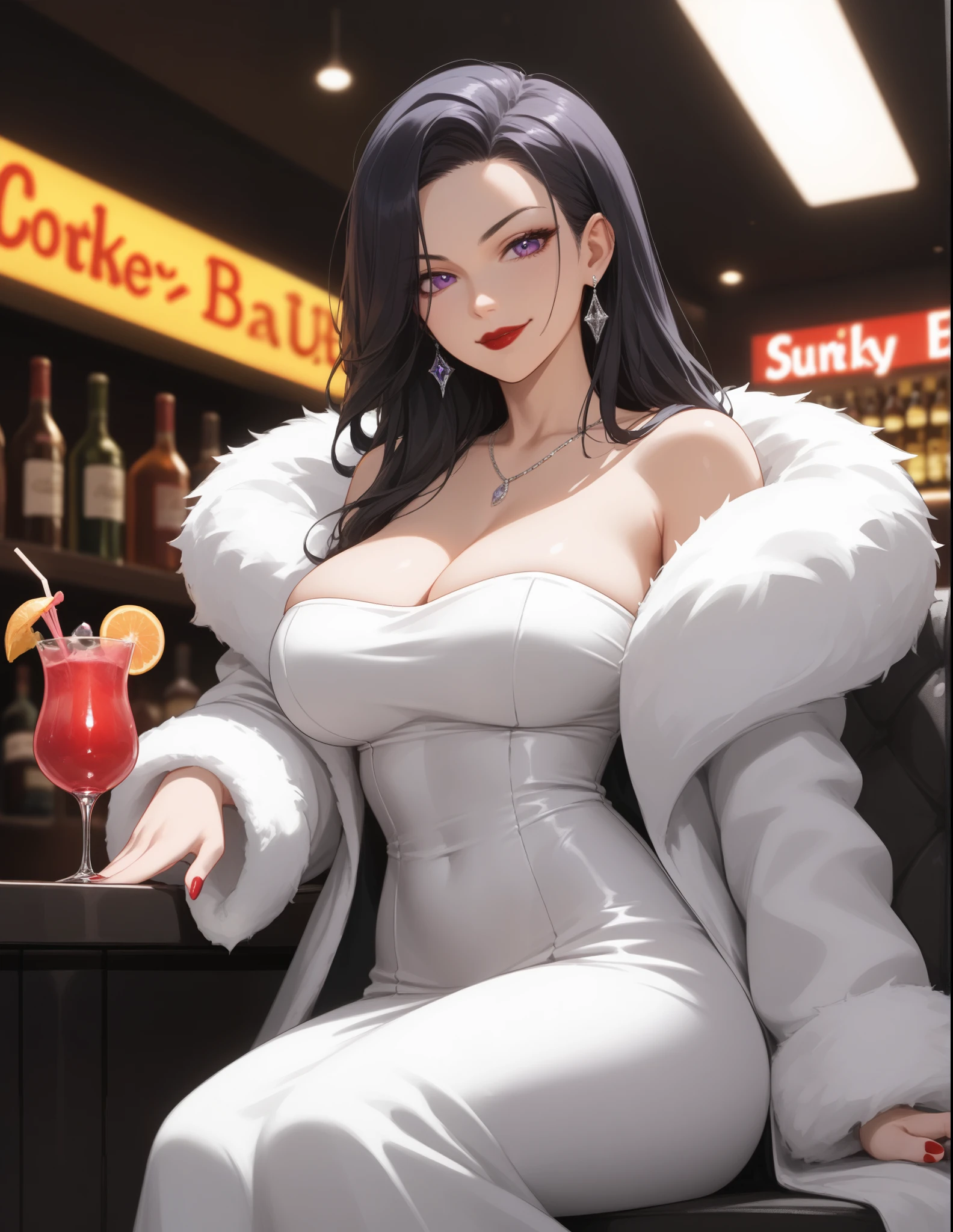 score_9, score_8_up, score_7_up, (sfw), (cowboy shot, dutch angle:1.2), 1girl, solo, smirk, long hair, black hair, silky hair, violet eyes, beautiful eyes, dark red lipstick, black leather long dress, off shoulder, white fur coat, [big breast], beauty spots, holding a cocktail, sitting on a chair, night bar background, indoor, neon light, vibrant color, 