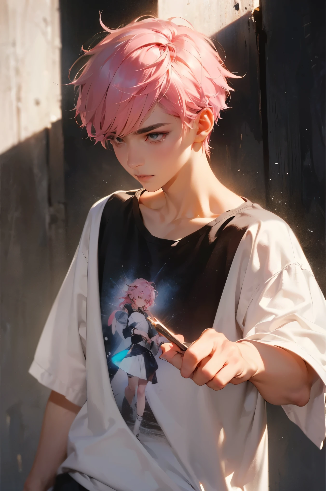 Kpop idol boy, pink hair, yaoi face, shy, burst into tears, (masterpiece:1.21),(bestquality:1.21),8k,high detailed,ultra-detailed,photography,award winning,documentary,Original Photo,Realisticity,solo,physically-based rendering,depth of field,(low saturation:1.3),(1boy;1.4:1.1),a male,silm,Real Skin Texture,White Marble Glowing Skin,model,thick eyebrows,model(random_color_clothing:1.45),(random stylish pose action:1.1), (random view shot)