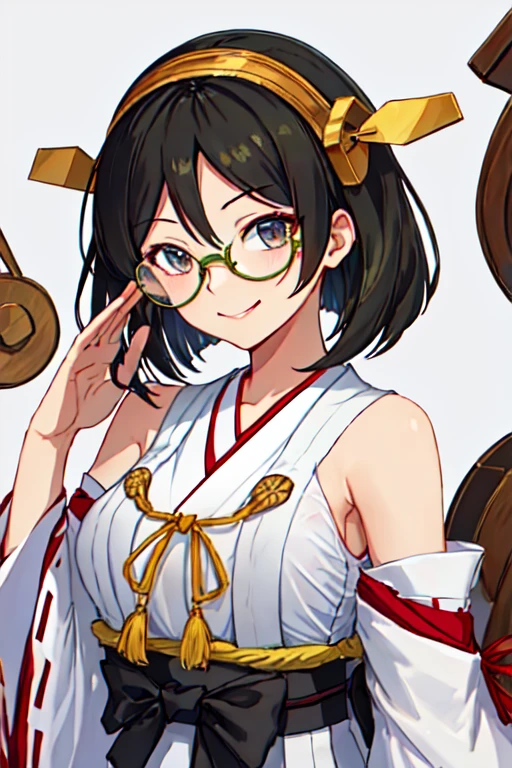  best quality, masterpiece,  High Resolution , Alone, {Kirishima_ fleet this is:1.15}, short_hair, Glasses, black_hair, hairband, Non-traditional_Shrine maiden, Green Frame_Glasses,  headgear , smile, chest,  1 girl, separation_sleeves, Japanese_Clothes, looking_in_Viewers, ribbon-trimmed_sleeves, ribbon_trim,  upper _body, Adjust_Glasses, 1 time_drawing_Challenge, dined