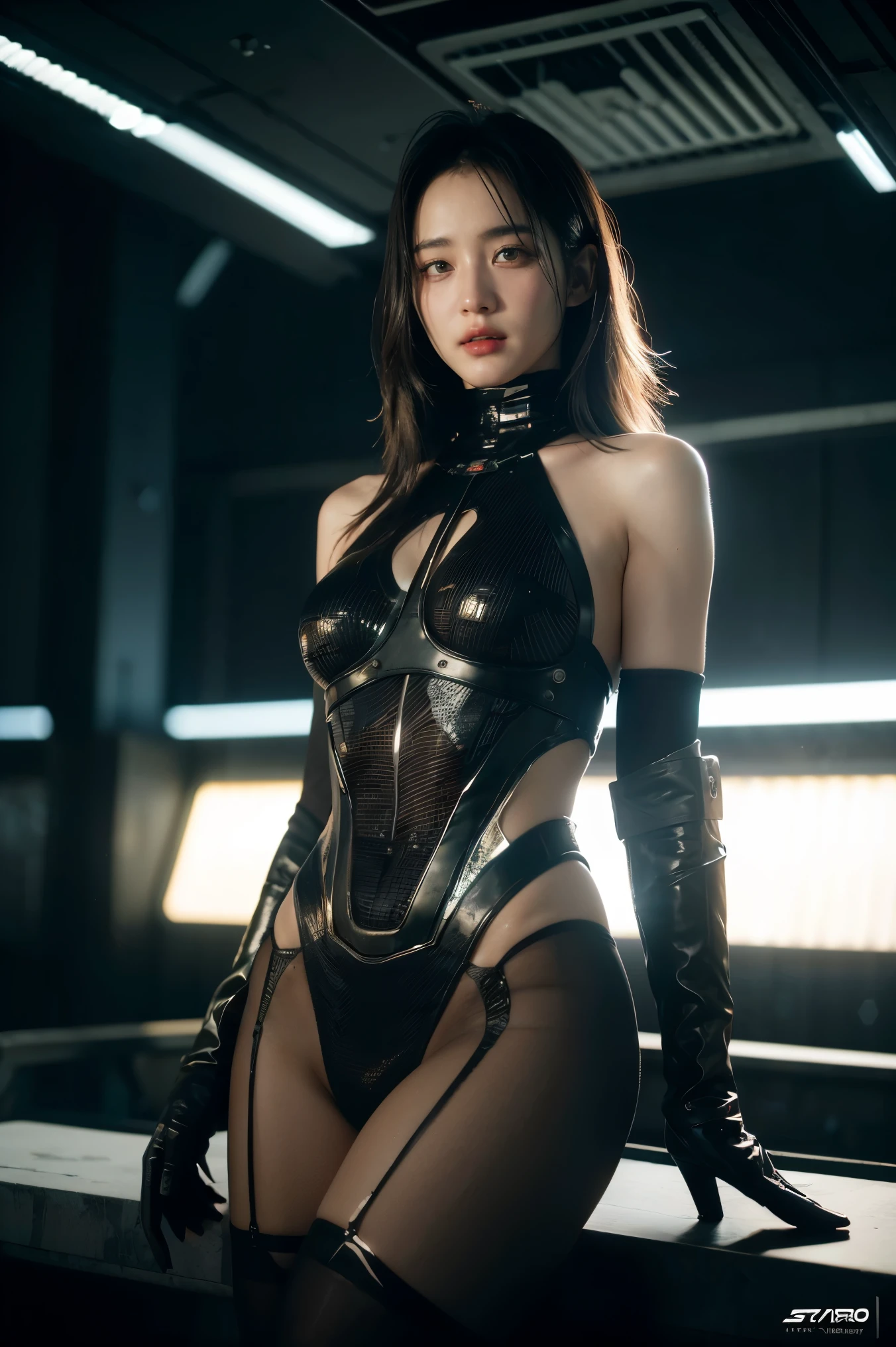 3D, A beautiful cyberpunk female image, carbon fiber battledress, hdr（HighDynamicRange), Ray traching, NVIDIA RTX, Hyper-Resolution, Unreal 5, Subsurface scattering, PBR Texture, post-proces, Anisotropy Filtering, depth of field, maximum definition and sharpnes, many-Layer Textures, Albedo e mapas Speculares, Surface coloring, Accurate simulation octane rendering of light-material interactions, Two-colored light, largeaperture, Low ISO, White balance, the rule of thirds, 8K raw data, blackstockings, powerful pose, determined, seductive