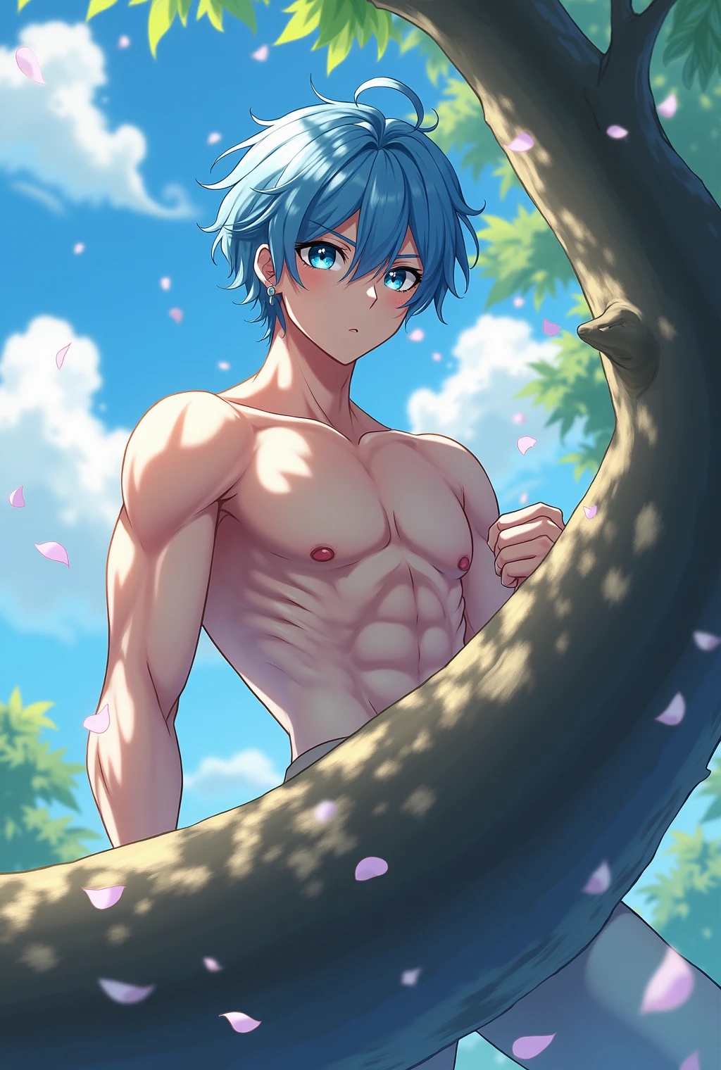 Make a photo of a man named Natsumi Hamsaki he naked who is tall, thin and has a six pack body and is having sex with a man named avan geiserford, He wears swimming goggles and naked, he has blue hair. They  