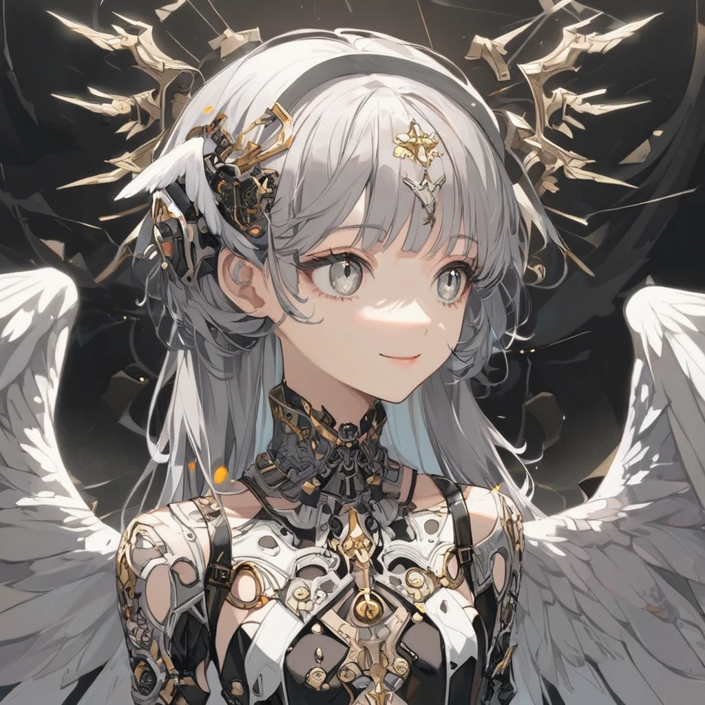 Absurd,anime,Detailed and beautiful eyes,(art),(artistic clothing:1.5),angel,gray hair,smile,(a girl:1.5),from the waist up,(small breasts:1.2),(small chest:1.2),mysterious,fallen Angel,Hello,(Large detailed hair ornament:1.2),(look away:1.5),detailed clothes,Flashy Moves,Mechanical,masterpiece, moe kawaii,abyss,luster,lame,(ultra detailed:1.2), ((highest quality)) ,Extremely Delicately Beautiful ,64k