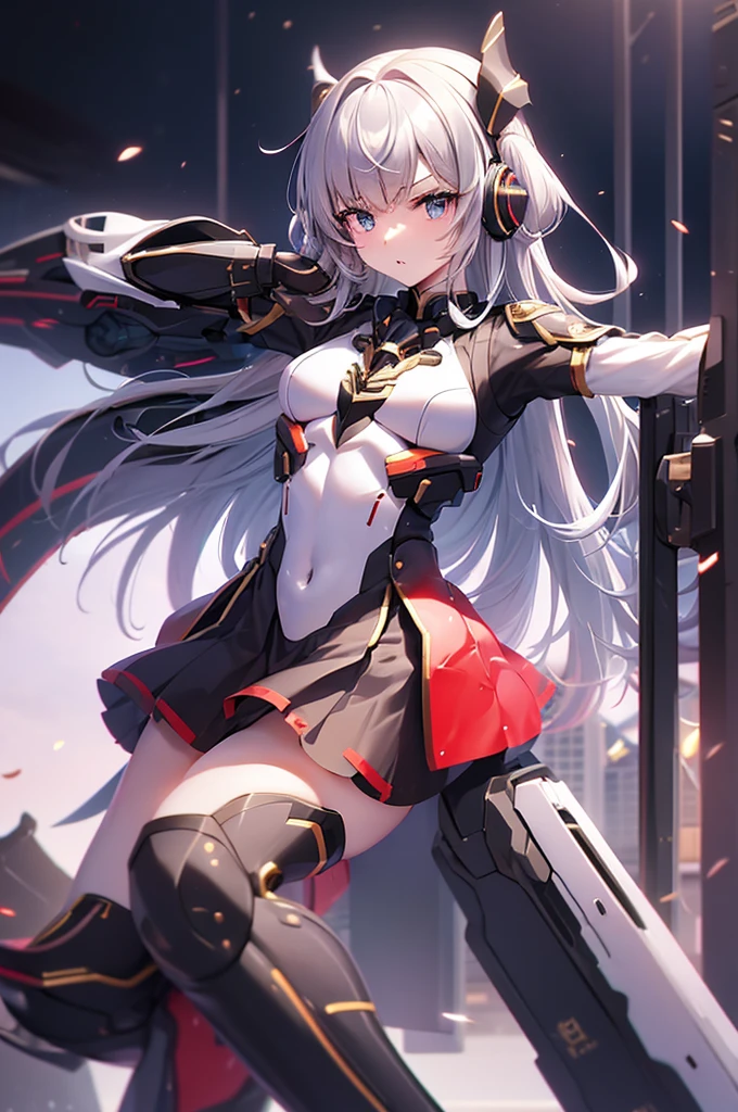 mecha wing、Thighs、tights、chest、White Hair、 1 girl、 solo girl 、income、 headphones、idol dress、Rin々Funny face、 Holding Swords 、Has a shield、mecha girl、 black skirt 、Red Armor