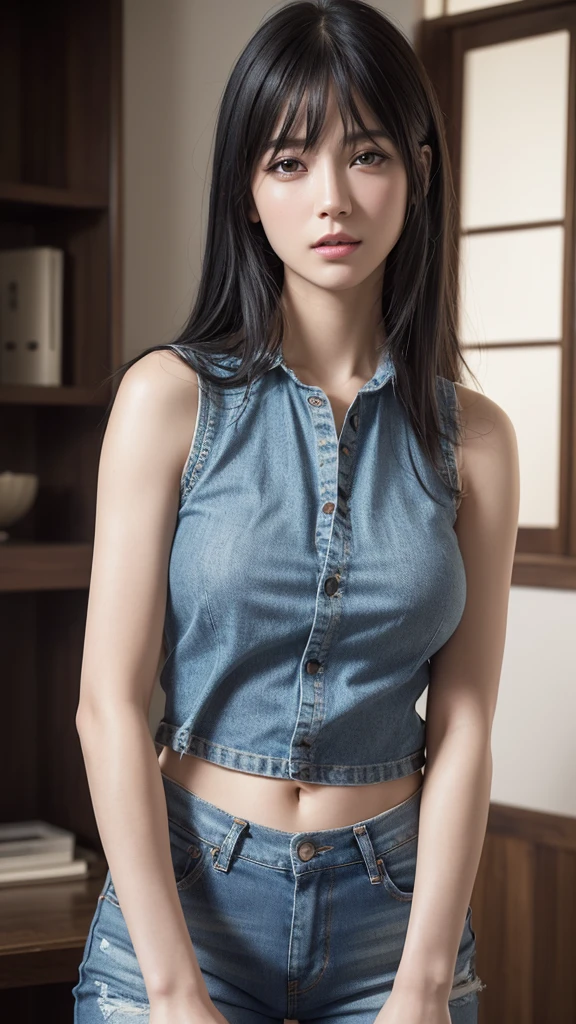 A beautiful japanese high school girl with long hairs, blue eyes and medium breasts
Wearing a blue shirt and jeans Removing her shirt