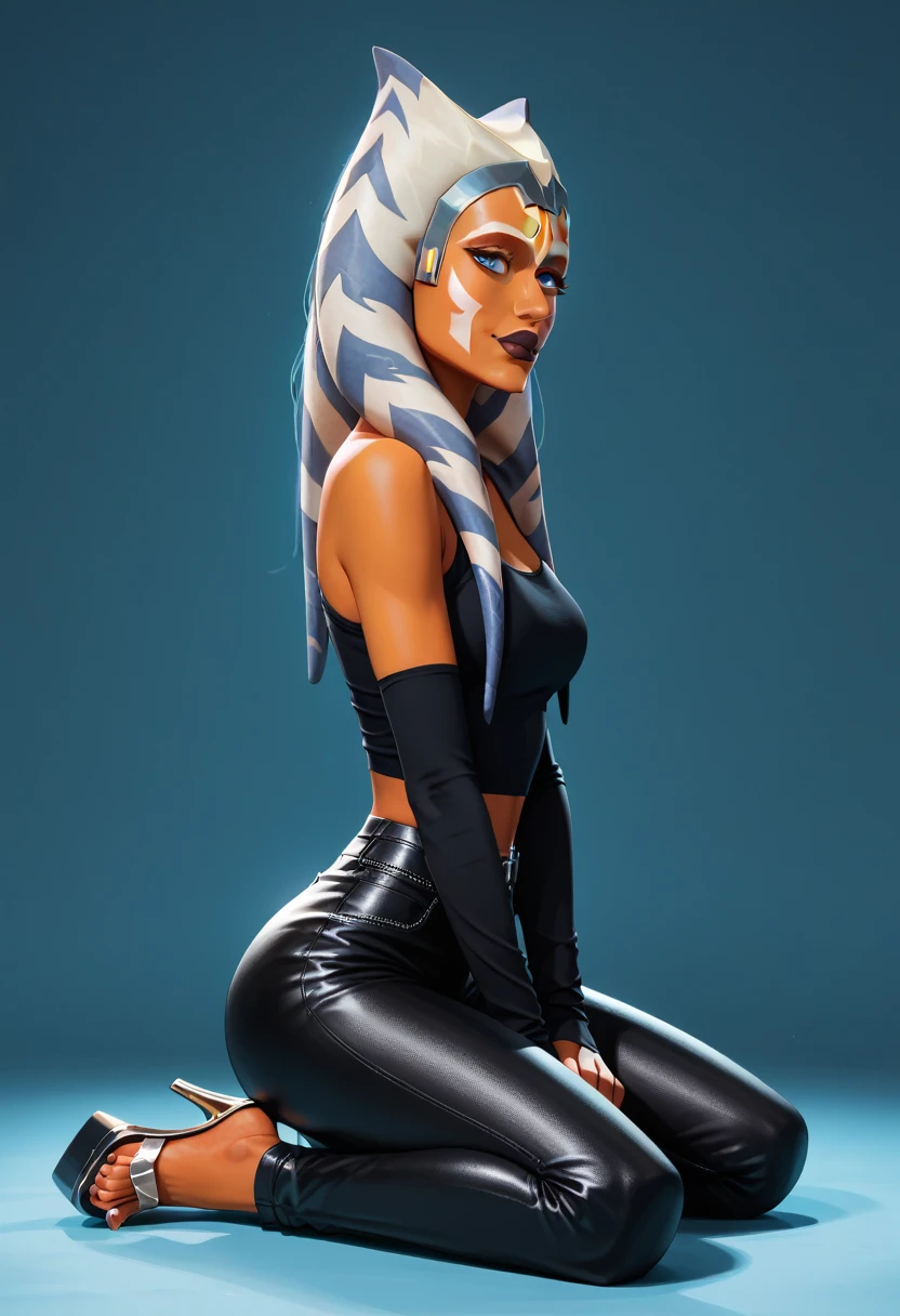 score_9, score_8_up, score_7_up, score_6_up, source_anime D-art, 1girl, solo, very sexy (Ahsoka, togruta, orange skin, white and blue montral horn, white facial markings, jedi, medium montral, rubbery montral:1.4), (variety of sexy outfits, pants, fashion model, wedge:1.3), flirt, gaze, sexy look, head tilt, kneeling, side view, (full bodies in view) expressiveh d4rk01l, perfect hands, perfect proportions, simple background, highly detailed, (ultra-detailed), (best illustration), (best shadow), (absurdres), (very aesthetic), (4k, intricate), (detailed face:1.2).