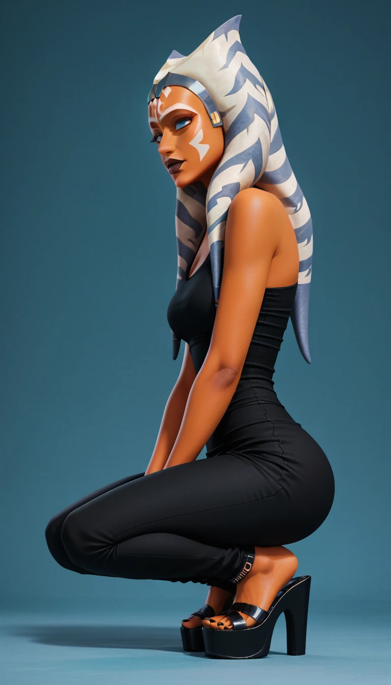 score_9, score_8_up, score_7_up, score_6_up, source_anime D-art, 1girl, solo, very sexy (Ahsoka, togruta, orange skin, white and blue montral horn, white facial markings, jedi, medium montral, rubbery montral:1.4), (variety of sexy outfits, pants, fashion model, wedge:1.3), flirt, gaze, sexy look, head tilt, squatting, side view, (full bodies in view) expressiveh d4rk01l, perfect hands, perfect proportions, simple background, highly detailed, (ultra-detailed), (best illustration), (best shadow), (absurdres), (very aesthetic), (4k, intricate), (detailed face:1.2).