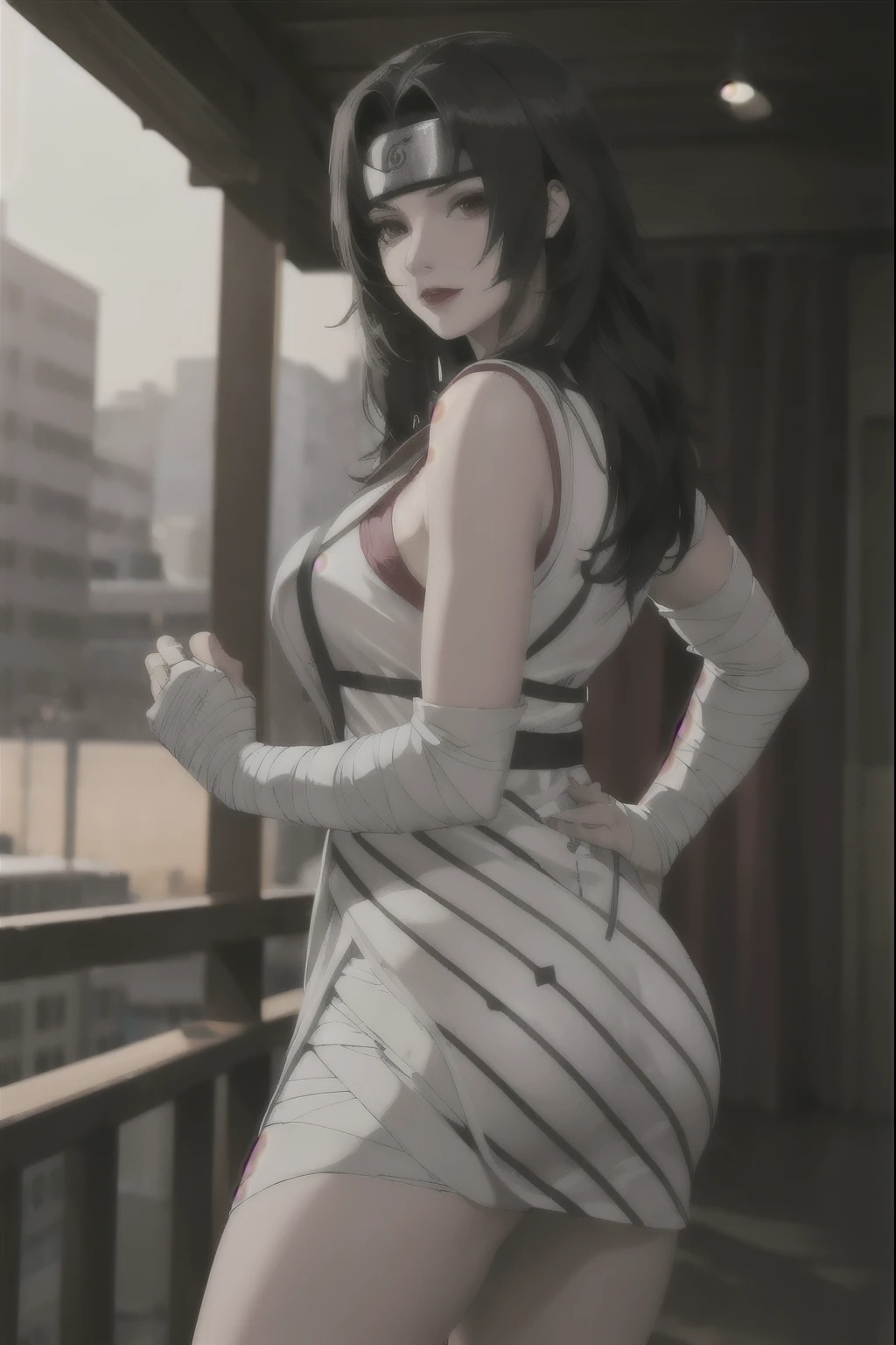 outdoors, lens flare, depth of field, bokeh, vanishing point, solo, looking at viewer,((masterpiece, best quality)), BREAK 
NinjaWhiteDress_KurenaiYuhi_ownwaifu, 
1girl, forehead protector, black hair, long hair, red eyes, makeup, lipstick, konohagakure symbol, red lips, large breasts,  
bandaged arm, fishnet top, bandaged hand, sleeveless, bandaged leg, cleavage, long sleeves, asymmetrical sleeves, single sleeve, vest,  collarbone, 
(contrapposto, looking back)insaneres, absurdres,