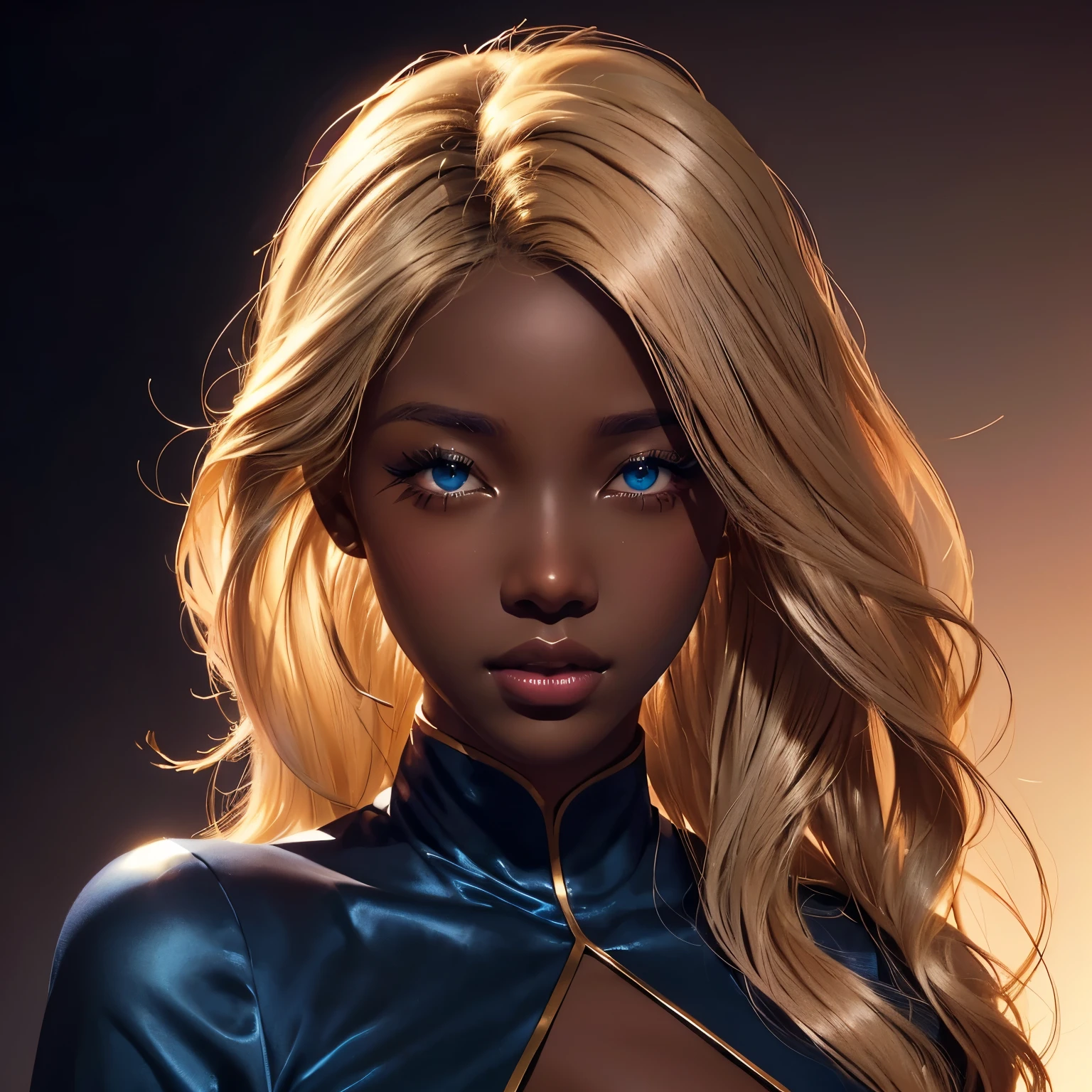 masterpiece, best quality, 1girl, afro hair, dark hair, shiny hair, ((blue eyes)), extremely detailed eyes, shiny eyes, ((dark skin)), shiny skin, skin texture, extremely detailed skin, photo realistic, extremely detailed, high quality , fine detailing on the face and skin, detailed eyes