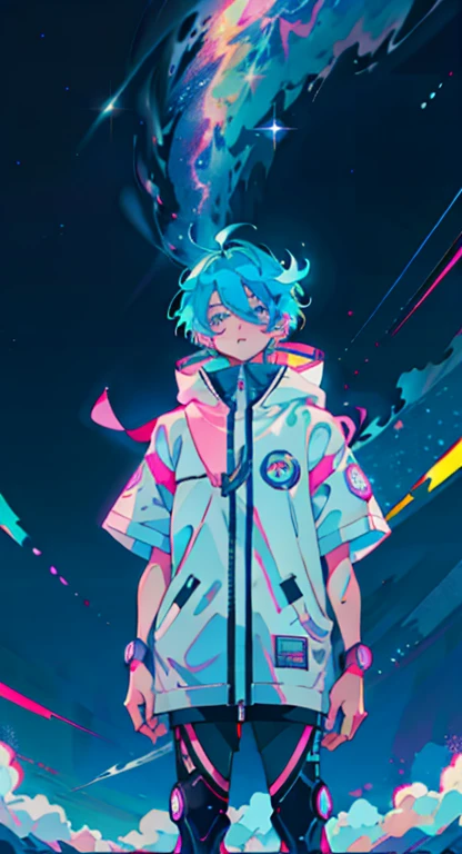 (((masterpiece,Highest quality))),(((A male anime character wearing a revealing military-style outfit with multi-colored, spiky hair and mechanical headgear))),((He wears a small military cap tilted to one side.)),(((Black Background))),Focus on the whole body,(high quality),アニメ,rainbow highlights hair,streaked hair