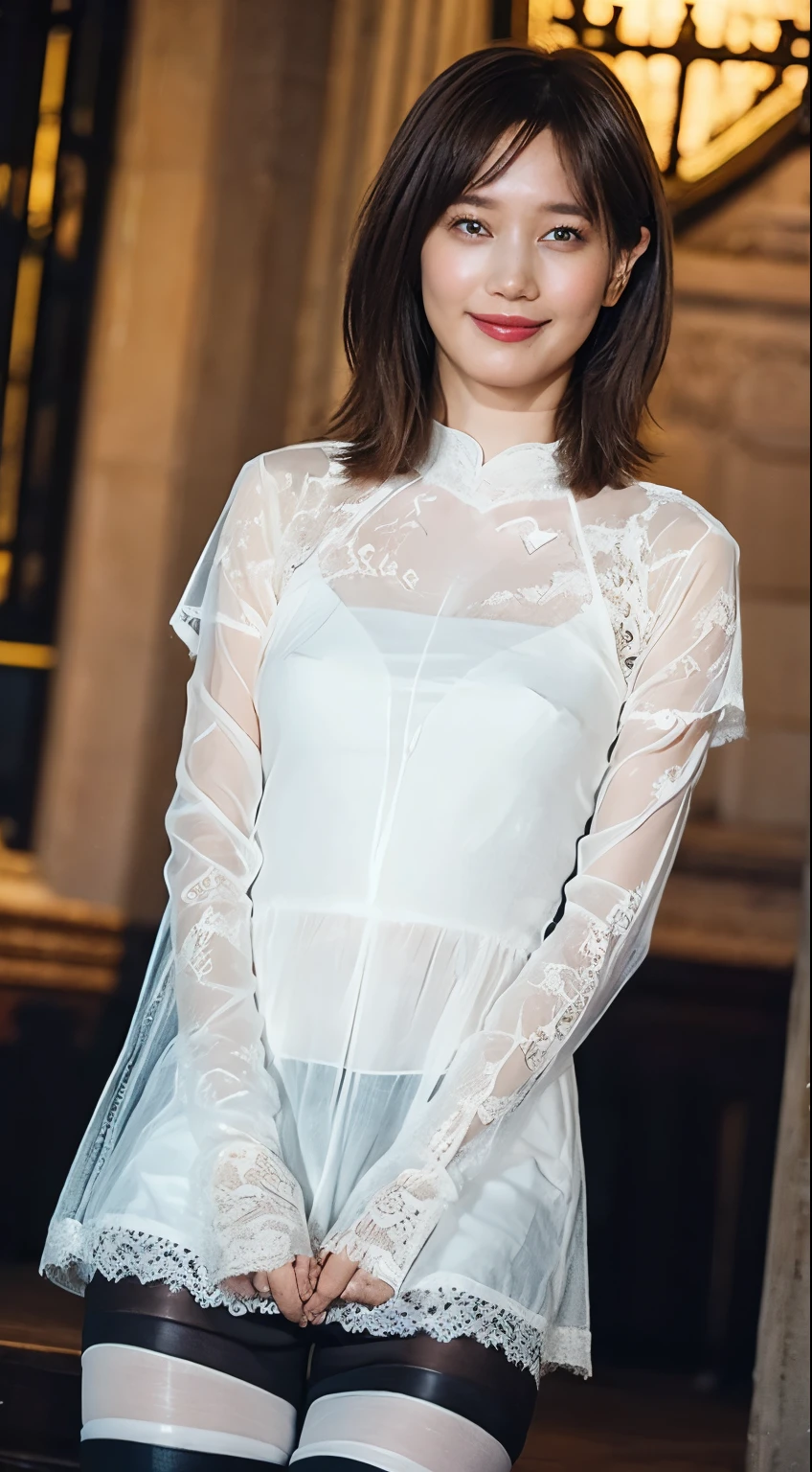 ((Realistic lighting,  best quality, 8k, masterpiece: 1.3)),  clear focus : 1.2,  1 girl,   perfect body beauty : 1.4,  slim abs : 1.1, (( dark brown hair throughout the church)), (thin sheer lace white super mini dress: 1.4), (Outdoor, night: 1.1),   city street, Soup Face,  beautiful eyes,  double eyelid on the midnight stage, ( black stockings above the knee : 1.5)