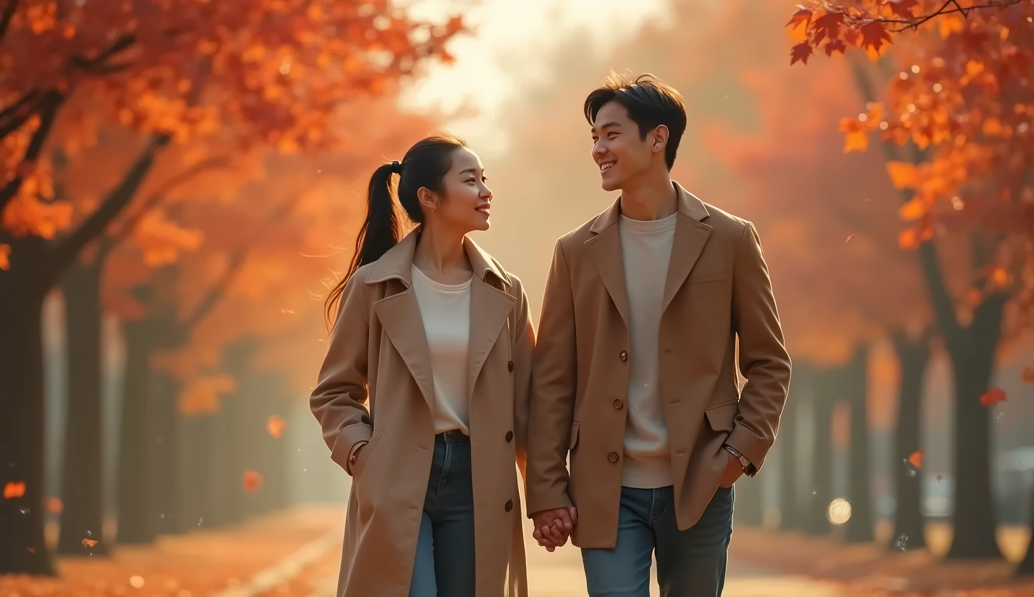 they are standing under a tree in a park in the fall, autumn season, 🍁 cute, in autumn, couple pose, fall season, in the autumn, lovely couple, [ realistic photography ], 8k 50mm iso 10, high quality portrait, 4k post, 4 k post, 🍂 cute, during autumn, warm beautiful scene