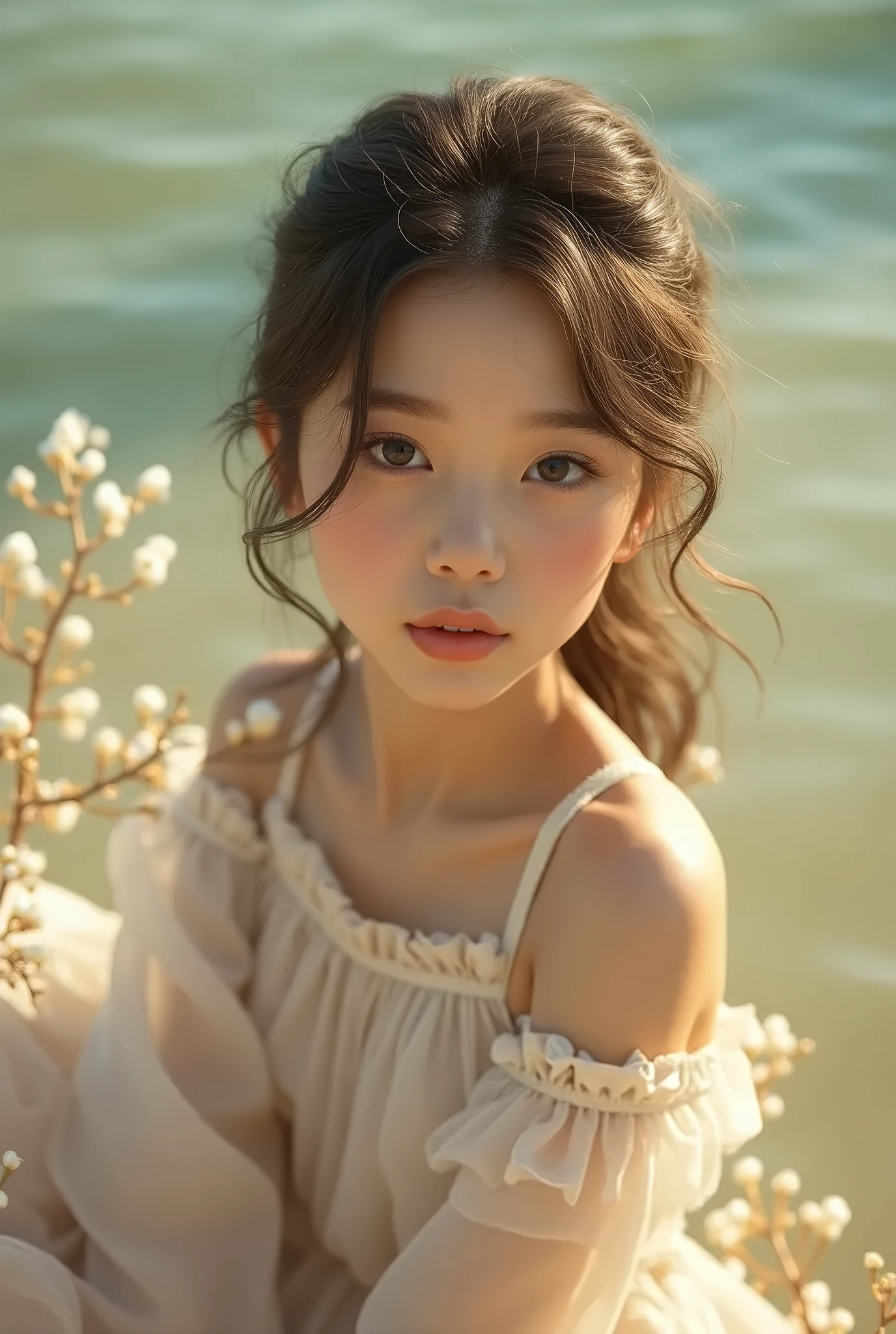 8K、10 year old beautiful girl, length hair、detailed beautiful faces、White See-Through Camisole Dress, flower field、Very strong wind