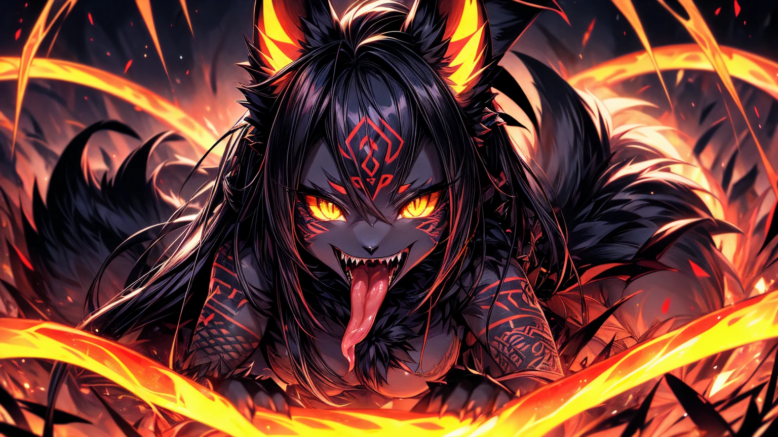 Black bat girl fruit adds high definition_Detail:1, Shiny black fur, tribal tattoo add_Detail Ferocious fangs, sharp teeth, Demon yokai kitsune,  long snake tongue add _Detail:1, girl in hell, darkness aura, energy brightness yellow eyes.