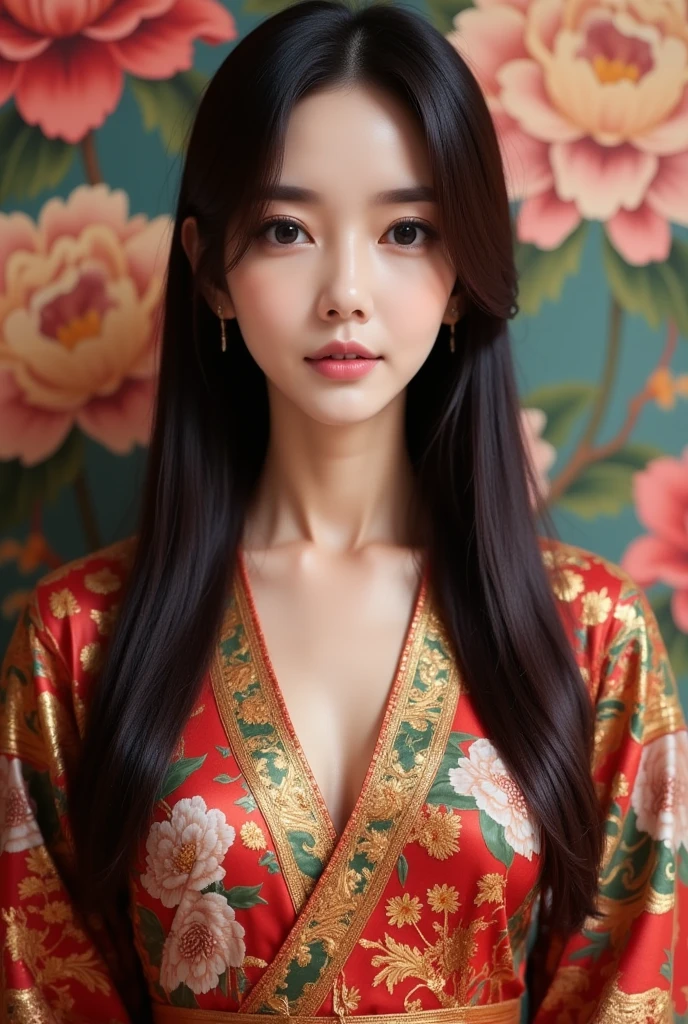 A open-up, stunningly beautiful East Asian woman with long, sleek black hair, standing gracefully against a tapestry-like floral background. Her serene, captivating blue eyes draw attention, and her soft expression exudes a sense of calm and elegance. She wears a traditional-style robe with intricate patterns of vibrant red, gold, and green florals, accentuated by delicate embroidery and ornate designs. The background is entirely filled with large, blooming flowers in shades of pink, red, and yellow, arranged like a luxurious tapestry, exactly as depicted in the original floral artwork. The flowers blend naturally with her attire, creating a harmonious and detailed backdrop that feels like a painting. The lighting is soft, casting gentle shadows that highlight her delicate facial features, with a subtle glow reflecting off her dark hair. The overall scene feels like a refined piece of classical art, with the woman standing in front of a rich, decorative floral tapestry that complements her beauty. Cinematic composition with a focus on her face and upper body, evoking a sense of tranquility and artistic elegance.