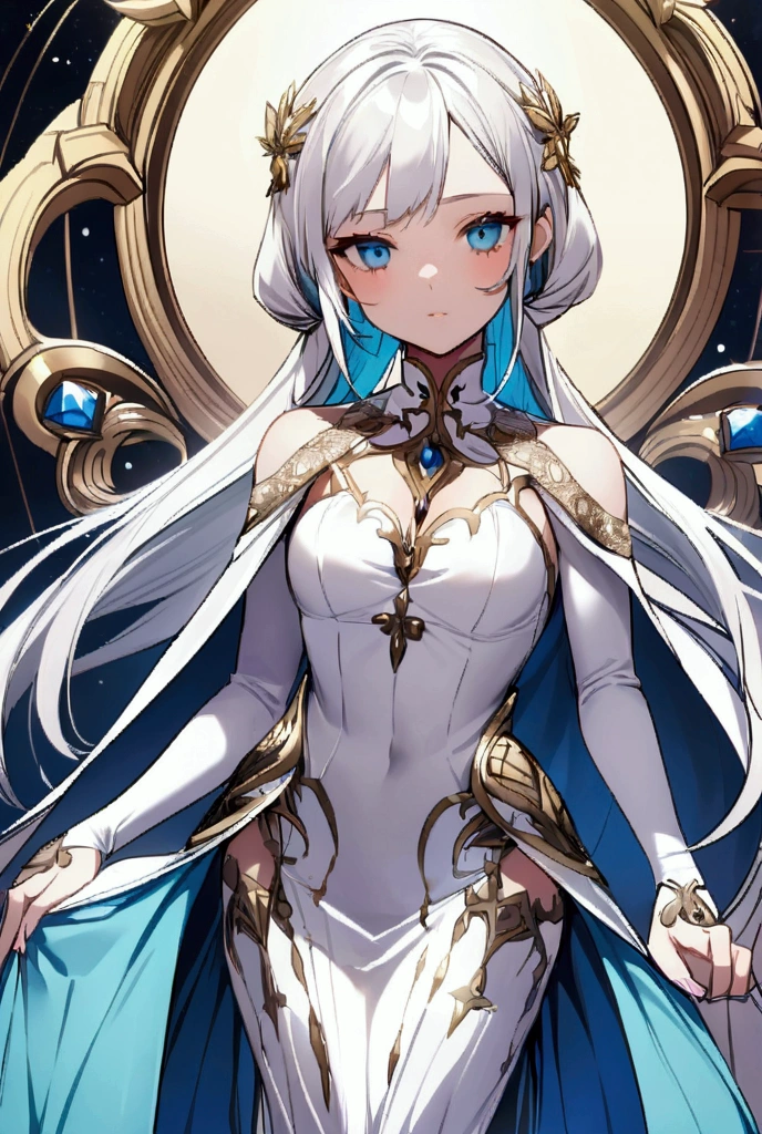 Girl, golden flowing hair, blue eyes, White Imperial Outfit, anime