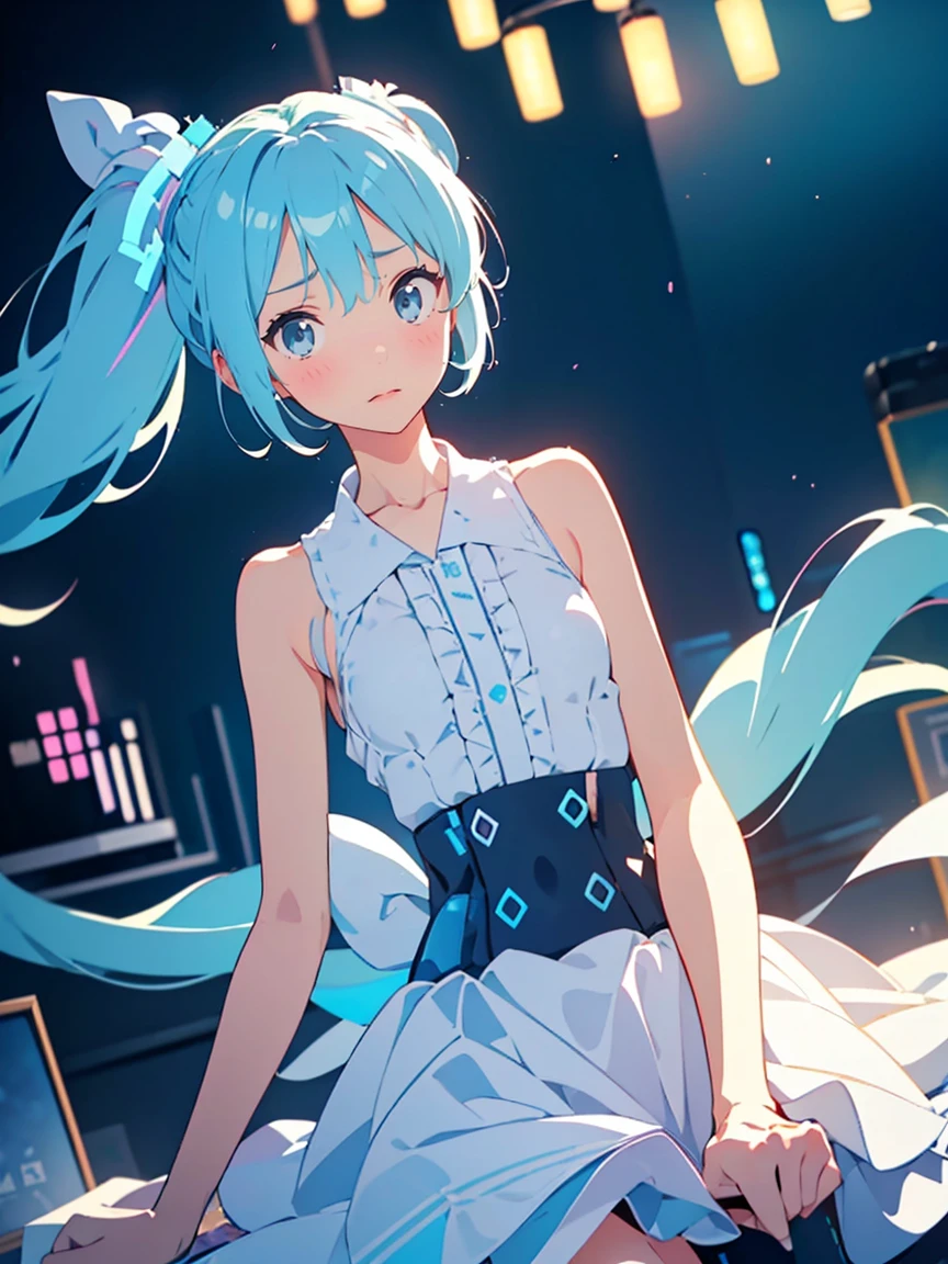 (Hatsune Miku:1.3)、（sitting:1.5）、(( white shirt、 uit:1.5))、(Very flat chest:1.3)、 1 girl, Alone, colorful, Realistic Skin, Attractive eyes, (1:1.2), beautiful, cute, (Perfect Body 1.2), (Realistic Anatomy 1.2),  Has a Protruding Tongue , (K-POPアイドル1.2), Realistic photos, RAW Photos, 4K, Fujiflim,  film grain , (Cinema Lighting 1.4),  ray tracing , (perfect Temporarily stop1.2), Ultra fine, finely,  intricate detail,  Dolby Vision, Temporarily stop,break、(((Very thin body:1.5、Thin body)))、break、(((Beautifully detailed depiction of eyes)))、 ((( focused gaze)))、break、,(Blue Eyes 1 .3), (Blue Hair:1.3), break、blush 1.5、break, very short hair, parted bang、(from below:1.1)、