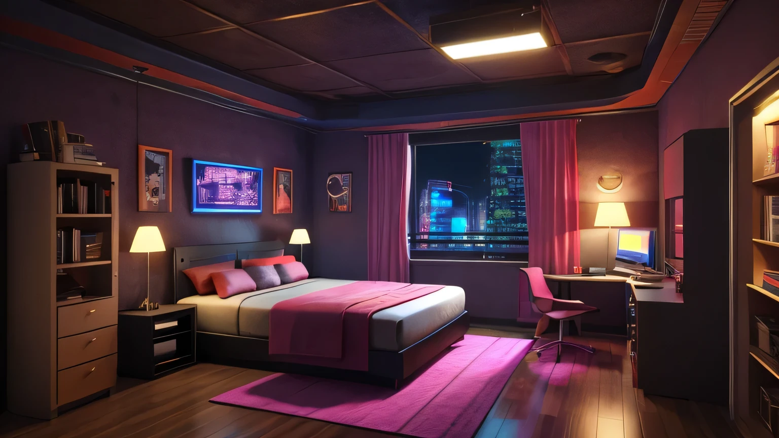there is a bed with a cyberpunk fantasy city view in the background, ((historical bedroom at night)), colorful realistic cyberpunk dreamscape, cyberpunk messy bedroom, cyberpunk steampunk bedroom, 3 d render beeple, the cyberpunk apartment, cyberpunk apartment, beeple rendering, arstation and beeple highly, in a cyberpunk themed room, asy sci - fi city, inspired by Beeple, 8k, artstation, pink,