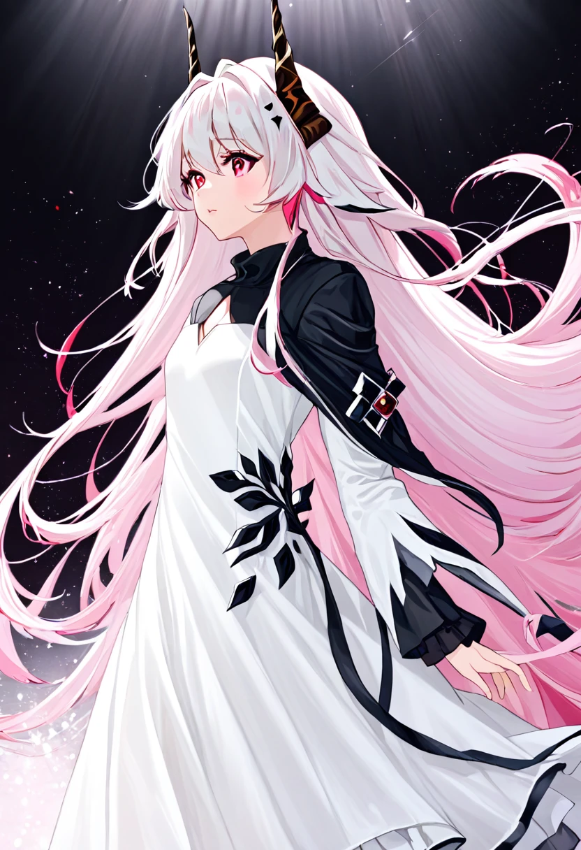 ru_zhai,ciloranko,nana kagura,1girl,solo,theresa,white pink hair,long hair,pink red eyes,black horn,white  dress,
masterpiece,best quality,very aesthetic,absurdres,