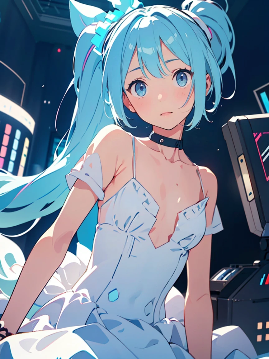 (Hatsune Miku:1.3)、（sitting:1.5）、(( white shirt、 uit:1.5))、(Very flat chest:1.3)、 1 girl, Alone, colorful, Realistic Skin, Attractive eyes, (1:1.2), beautiful, cute, (Perfect Body 1.2), (Realistic Anatomy 1.2),  Has a Protruding Tongue , (K-POPアイドル1.2), Realistic photos, RAW Photos, 4K, Fujiflim,  film grain , (Cinema Lighting 1.4),  ray tracing , (perfect Temporarily stop1.2), Ultra fine, finely,  intricate detail,  Dolby Vision, Temporarily stop,break、(((Very thin body:1.5、Thin body)))、break、(((Beautifully detailed depiction of eyes)))、 ((( focused gaze)))、break、,(Blue Eyes 1 .3), (Blue Hair:1.3), break、blush 1.5、break, very short hair, parted bang、(from below:1.1)、