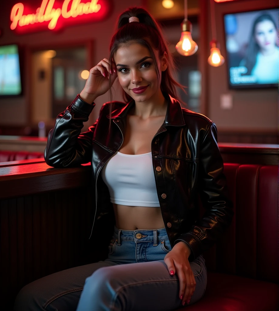 una chica en un bar en estilo retrowave