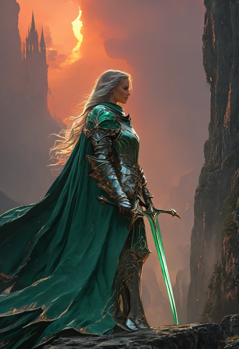 A powerful woman knight clad in silver and emerald armor, standing tall and fearless, gripping a majestic spear. Her armor is intricately detailed, featuring wyvern-shaped shoulder plates and a flowing emerald cape. Her long, flowing hair billows in the wind as she stands on a cliff edge, a wyvern perched loyally beside her, wings outstretched against the sunset sky. The landscape below is vast and rugged, with towering mountains and forests. The knight’s expression is fierce yet noble, embodying strength and grace as the guardian of the wyverns. Her connection to the mystical creature radiates power, as their bond is evident in their stance, ready for battle.